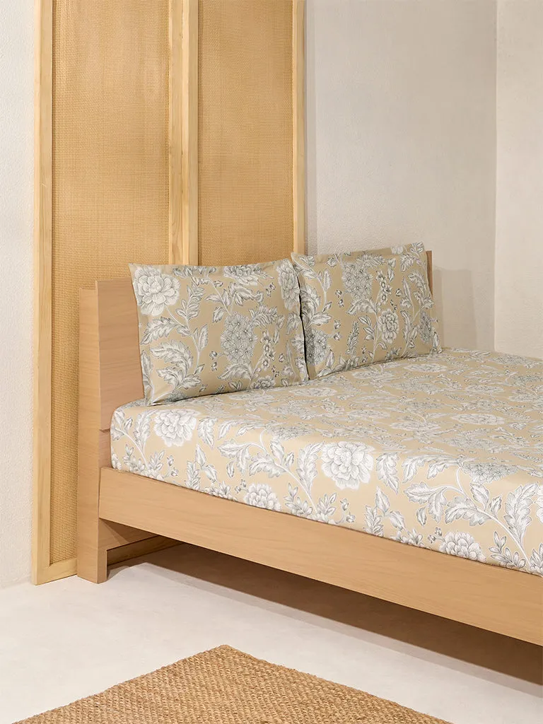 Westside Home Beige Printed Queen Bed Fitted Sheet and Pillowcase Set