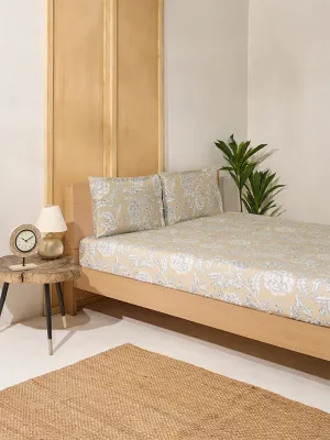 Westside Home Beige Printed Queen Bed Fitted Sheet and Pillowcase Set