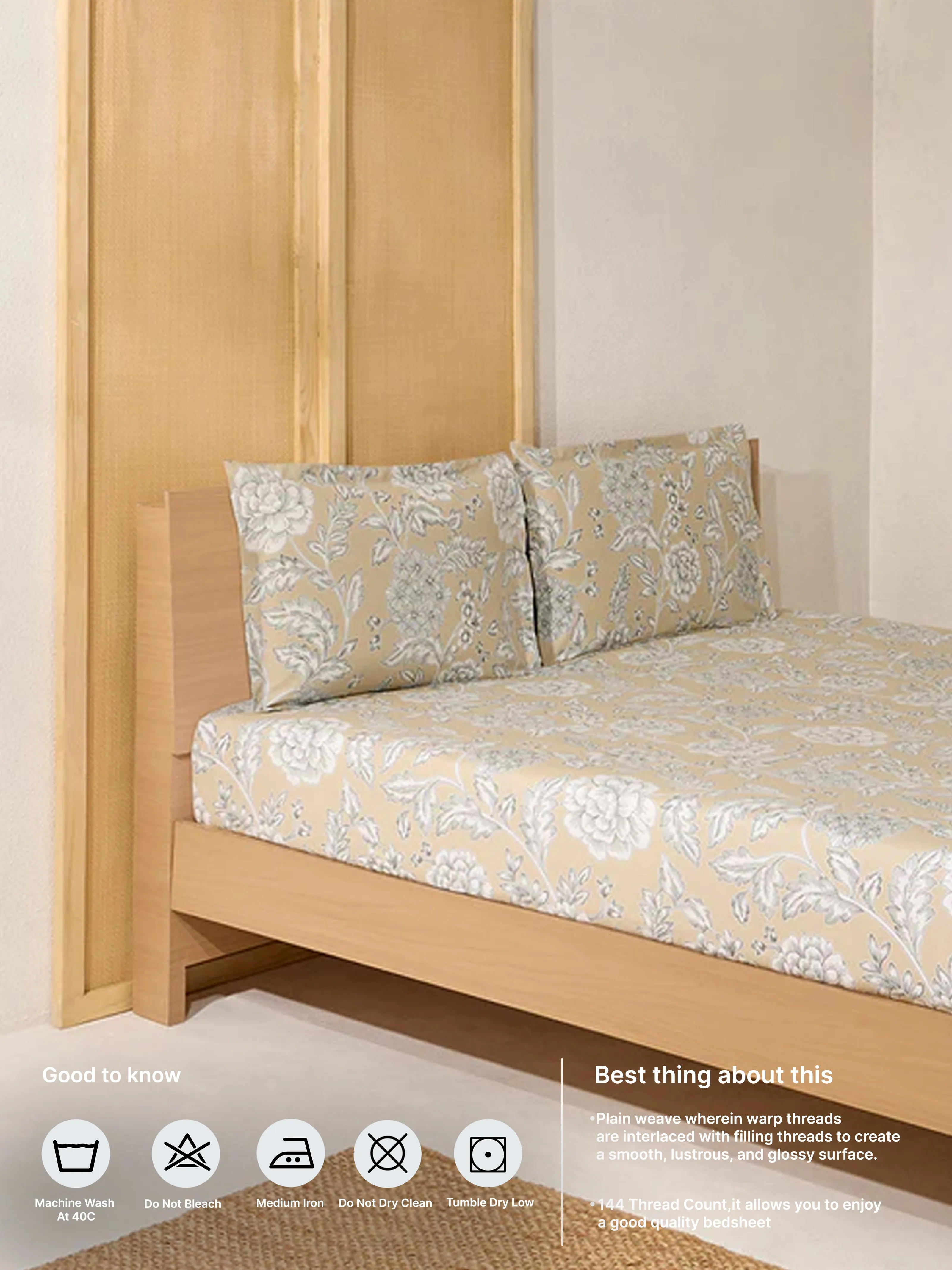 Westside Home Beige Printed Queen Bed Fitted Sheet and Pillowcase Set
