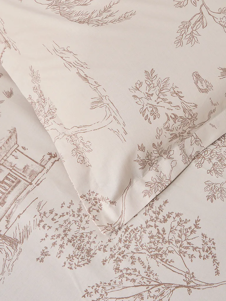 Westside Home Beige Toile Printed Single Bed Flat Sheet and Pillowcase Set