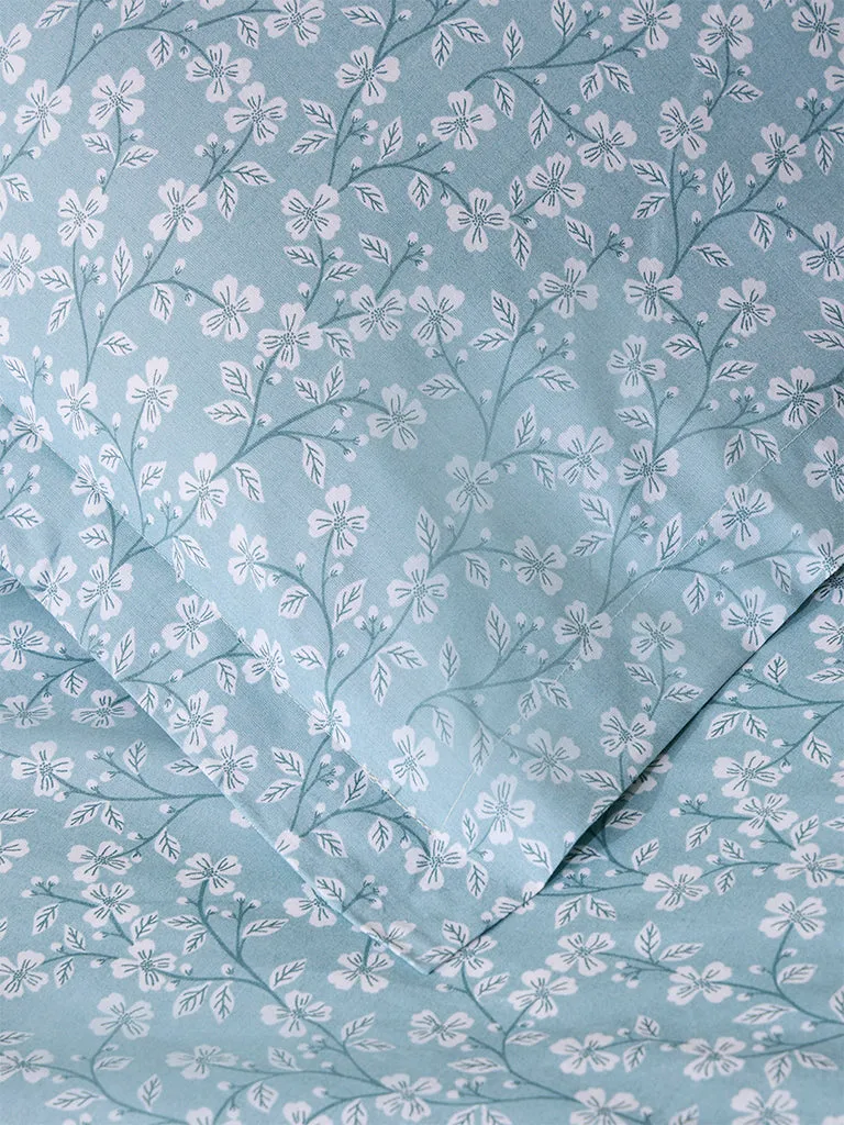 Westside Home Blue Floral Design Queen Bed Fitted Sheet and Pillowcase Set