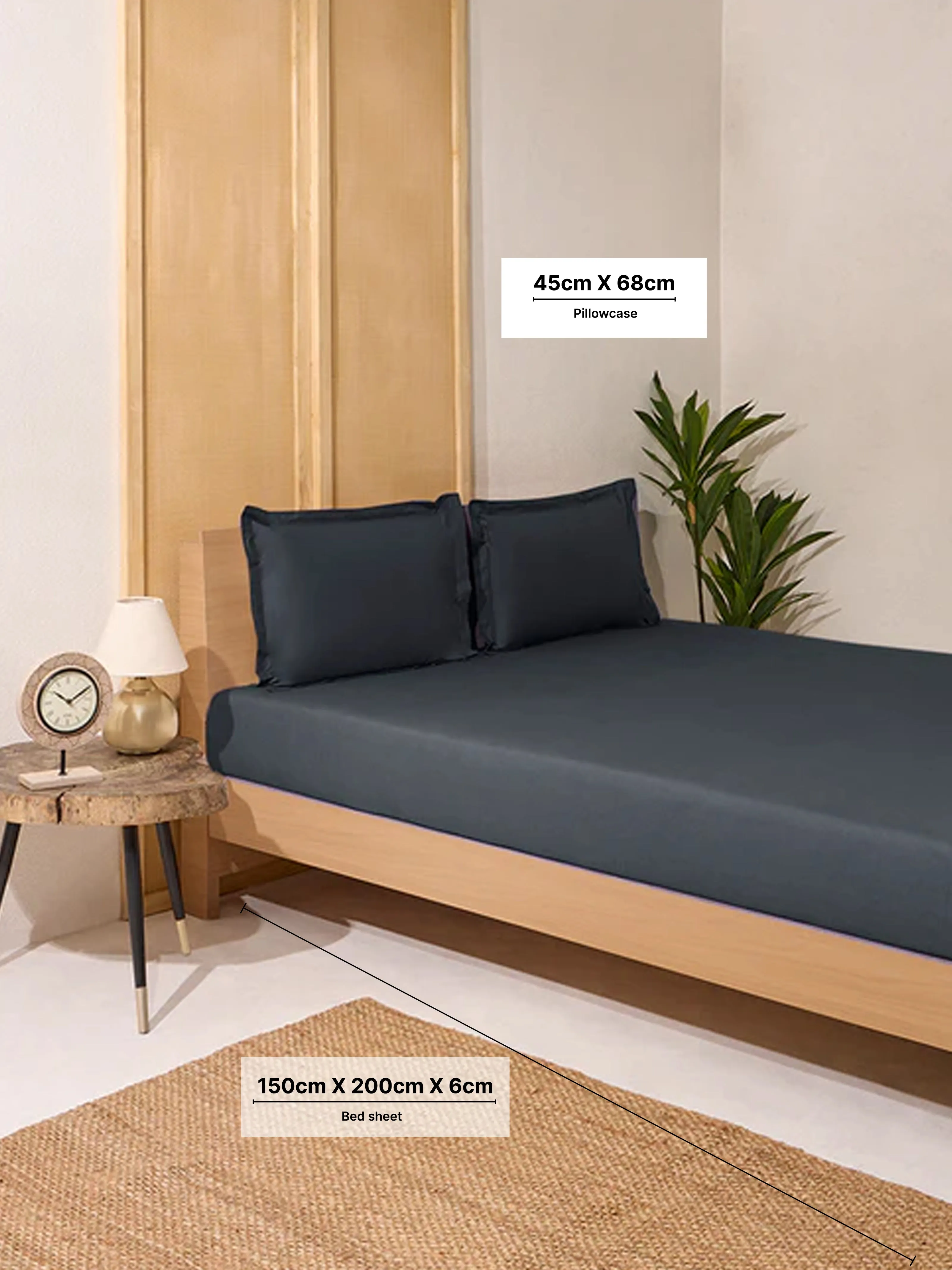 Westside Home Charcoal Solid Queen Bed Fitted Sheet and Pillowcase Set