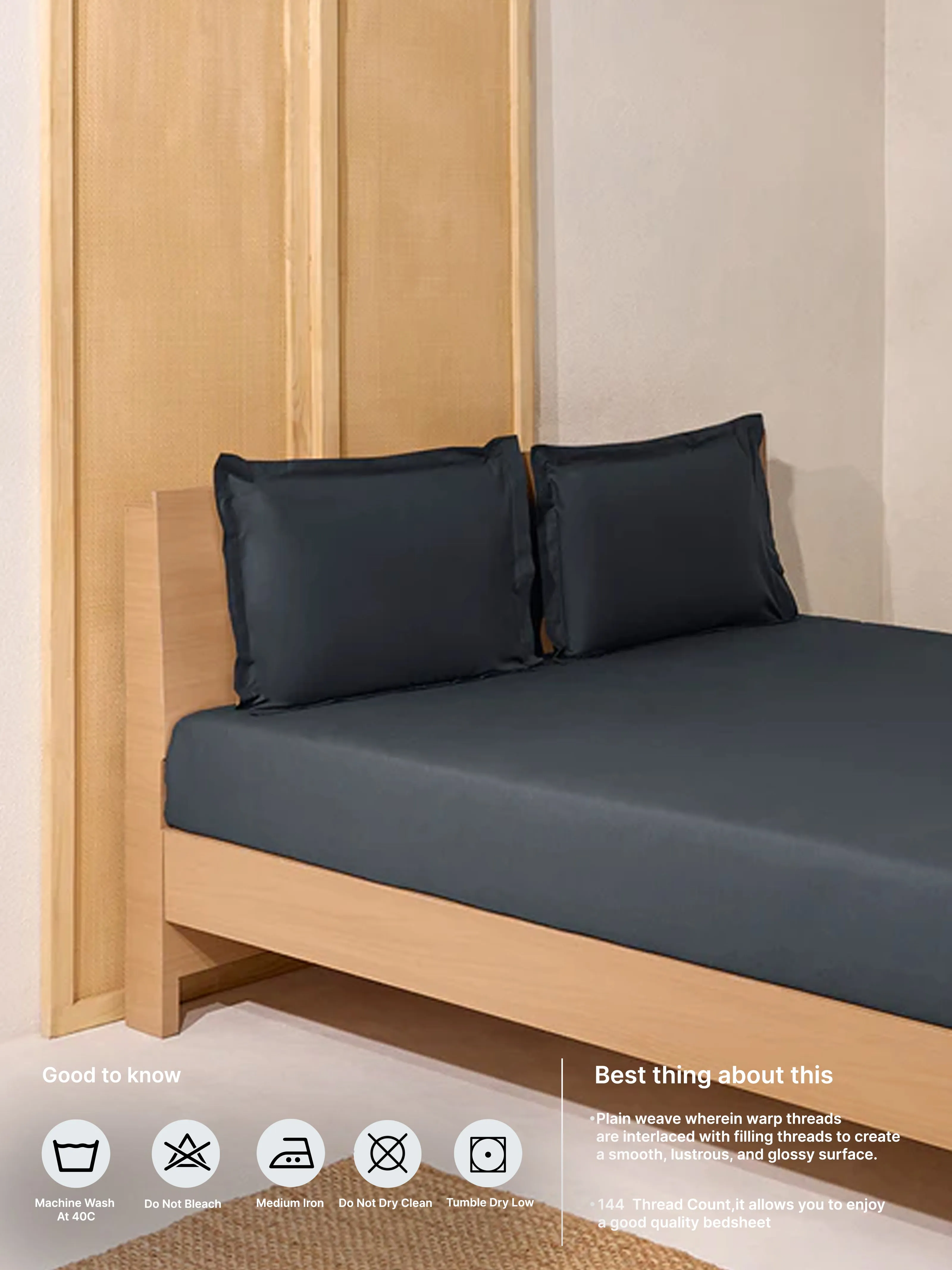 Westside Home Charcoal Solid Queen Bed Fitted Sheet and Pillowcase Set