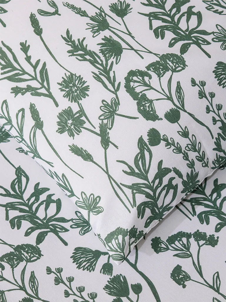 Westside Home Dark Green Botanical Design King Bed Flat Sheet and Pillowcase Set