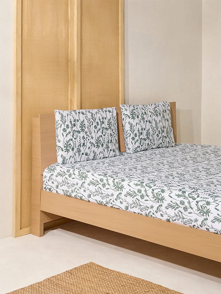 Westside Home Dark Green Botanical Design King Bed Flat Sheet and Pillowcase Set