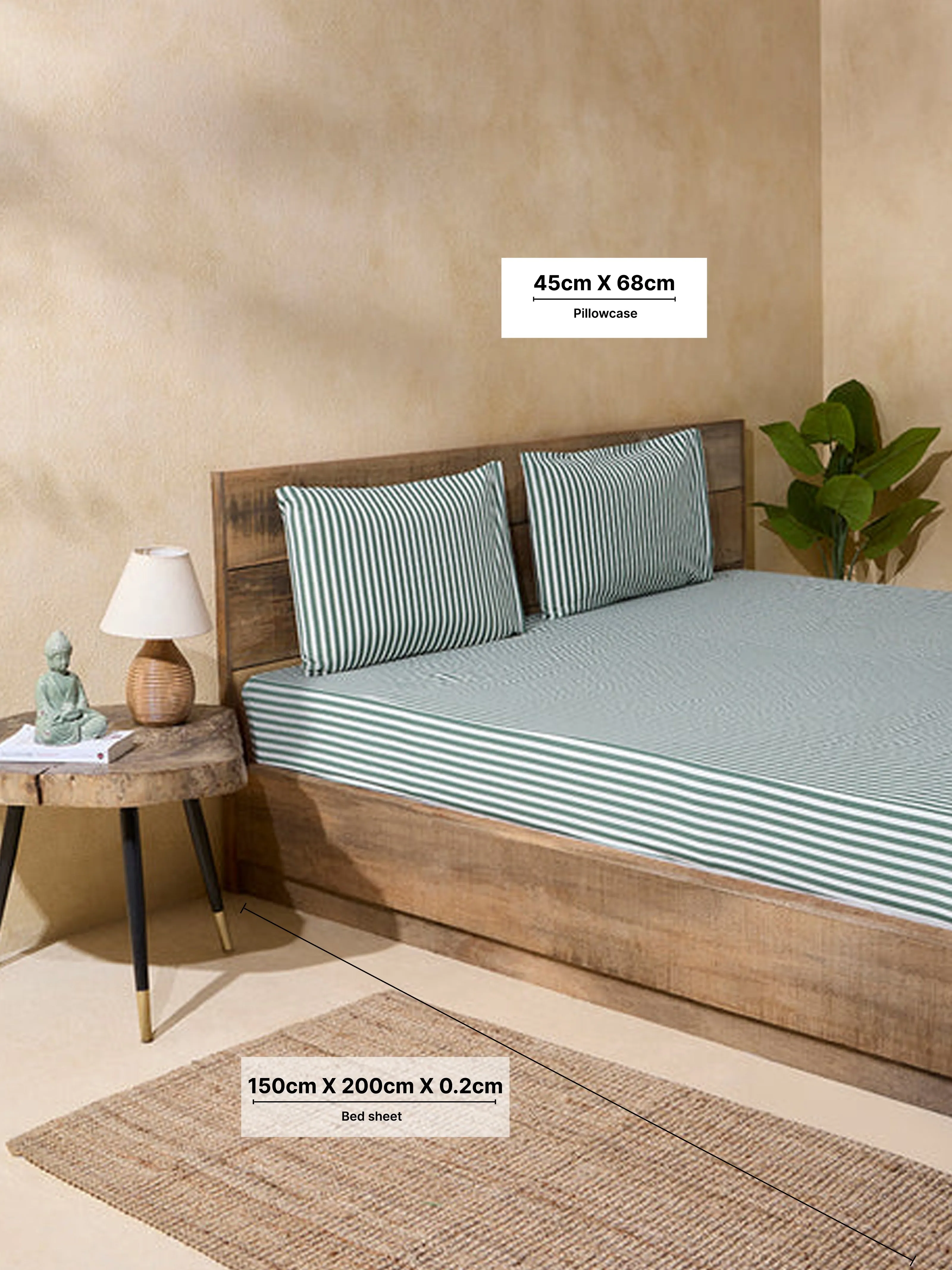 Westside Home Dark Green Striped Queen Bed Fitted Sheet and Pillowcase Set