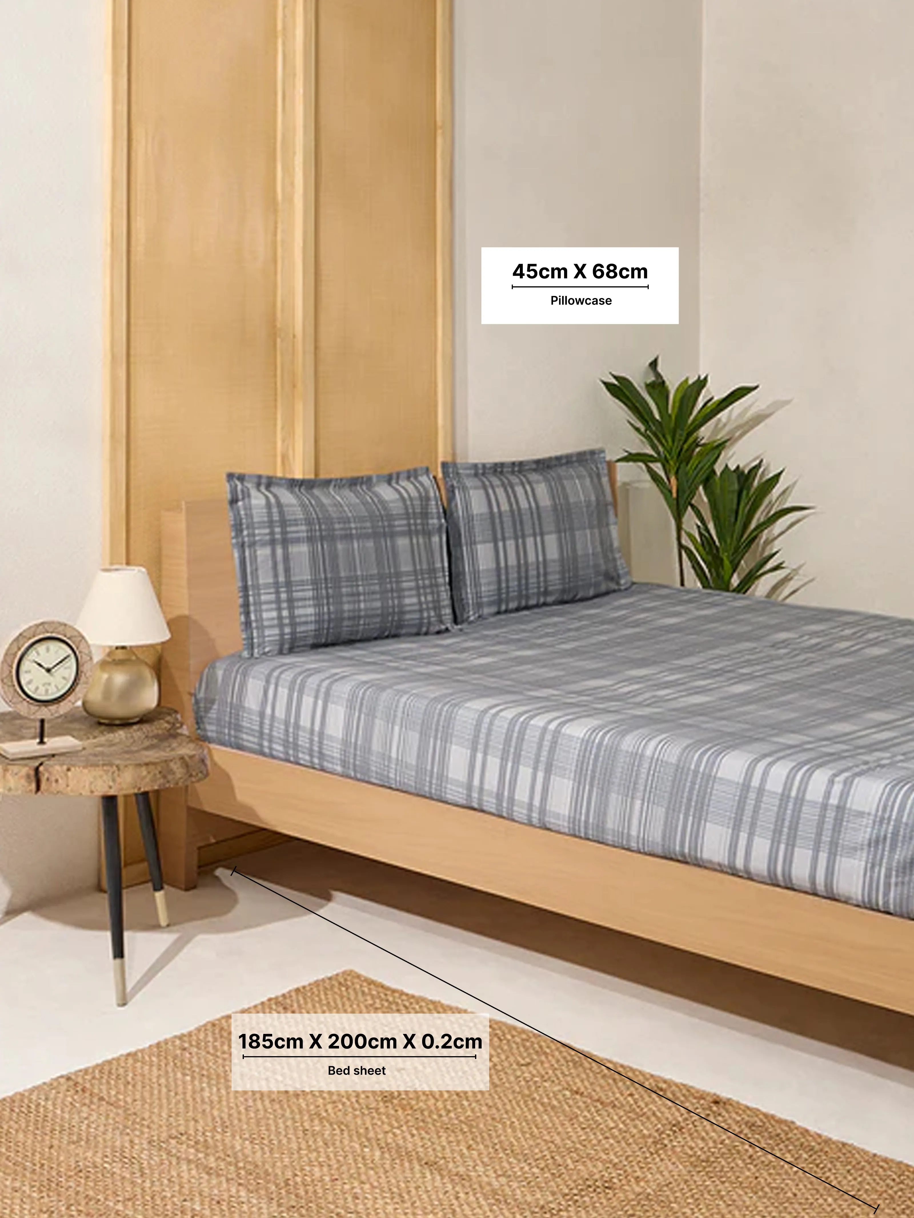 Westside Home Dark Grey Checkered King Bed Fitted Sheet and Pillowcase Set