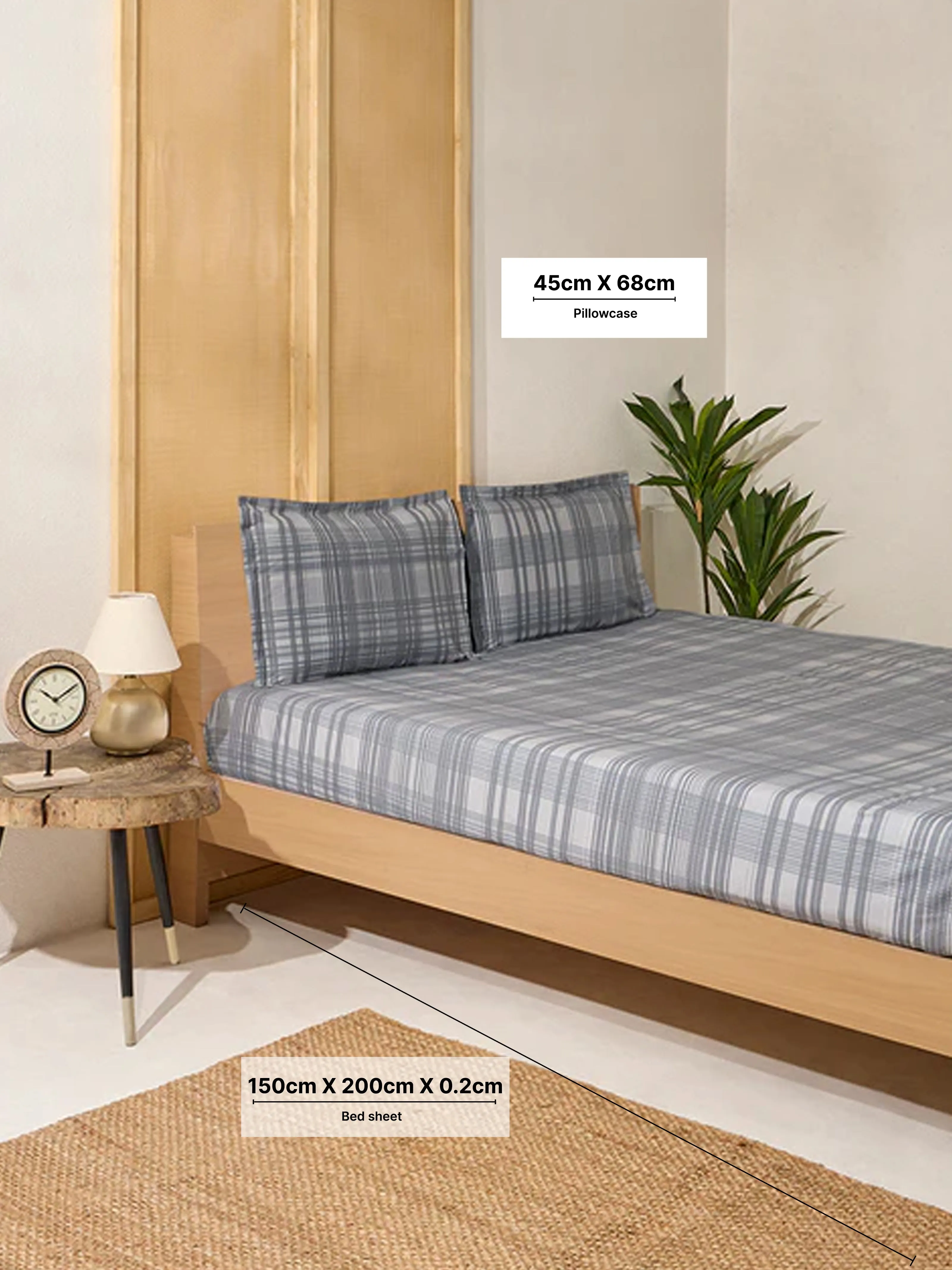 Westside Home Dark Grey Checkered Queen Bed Fitted Sheet and Pillowcase Set