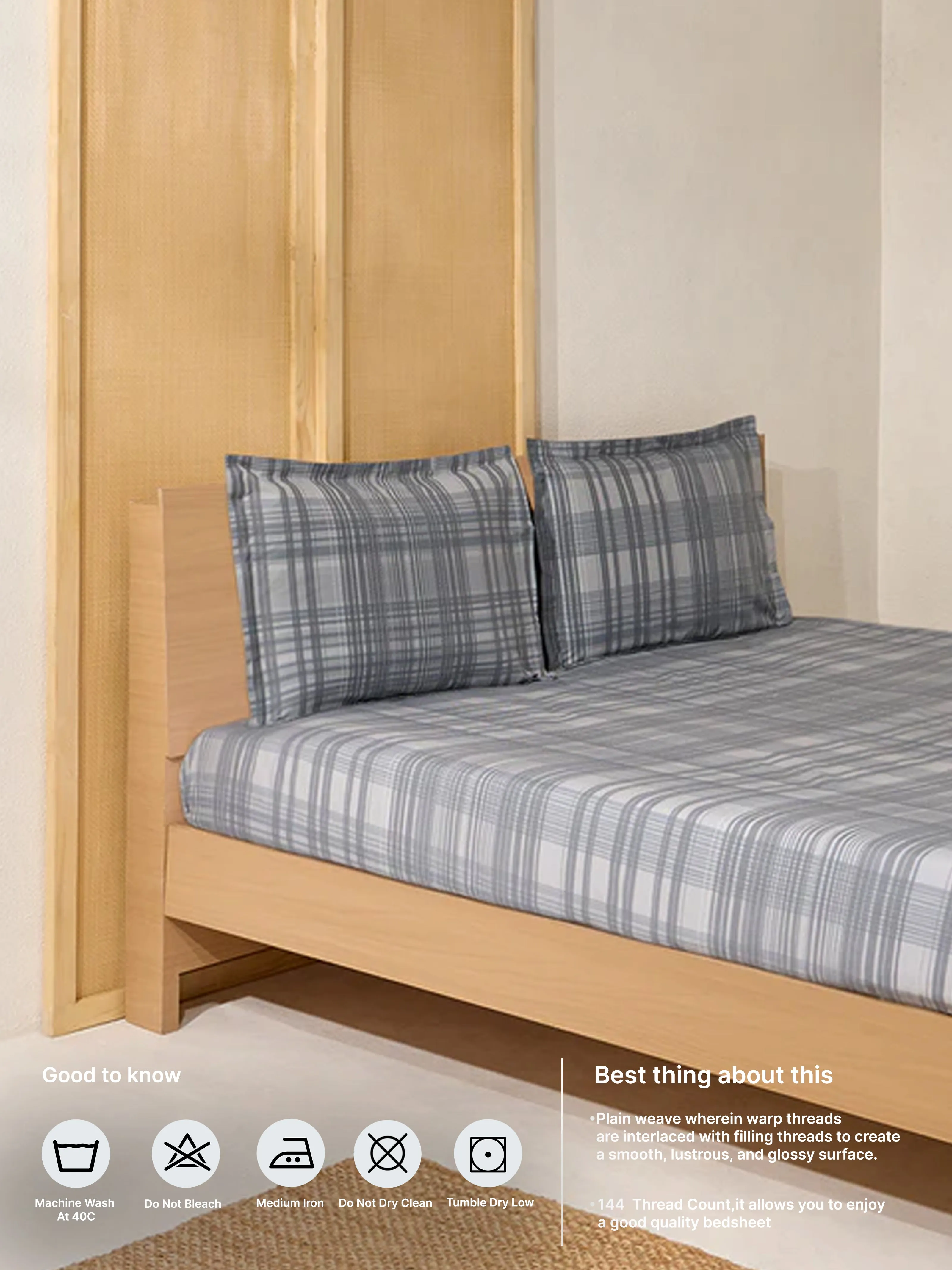 Westside Home Dark Grey Checkered Queen Bed Fitted Sheet and Pillowcase Set