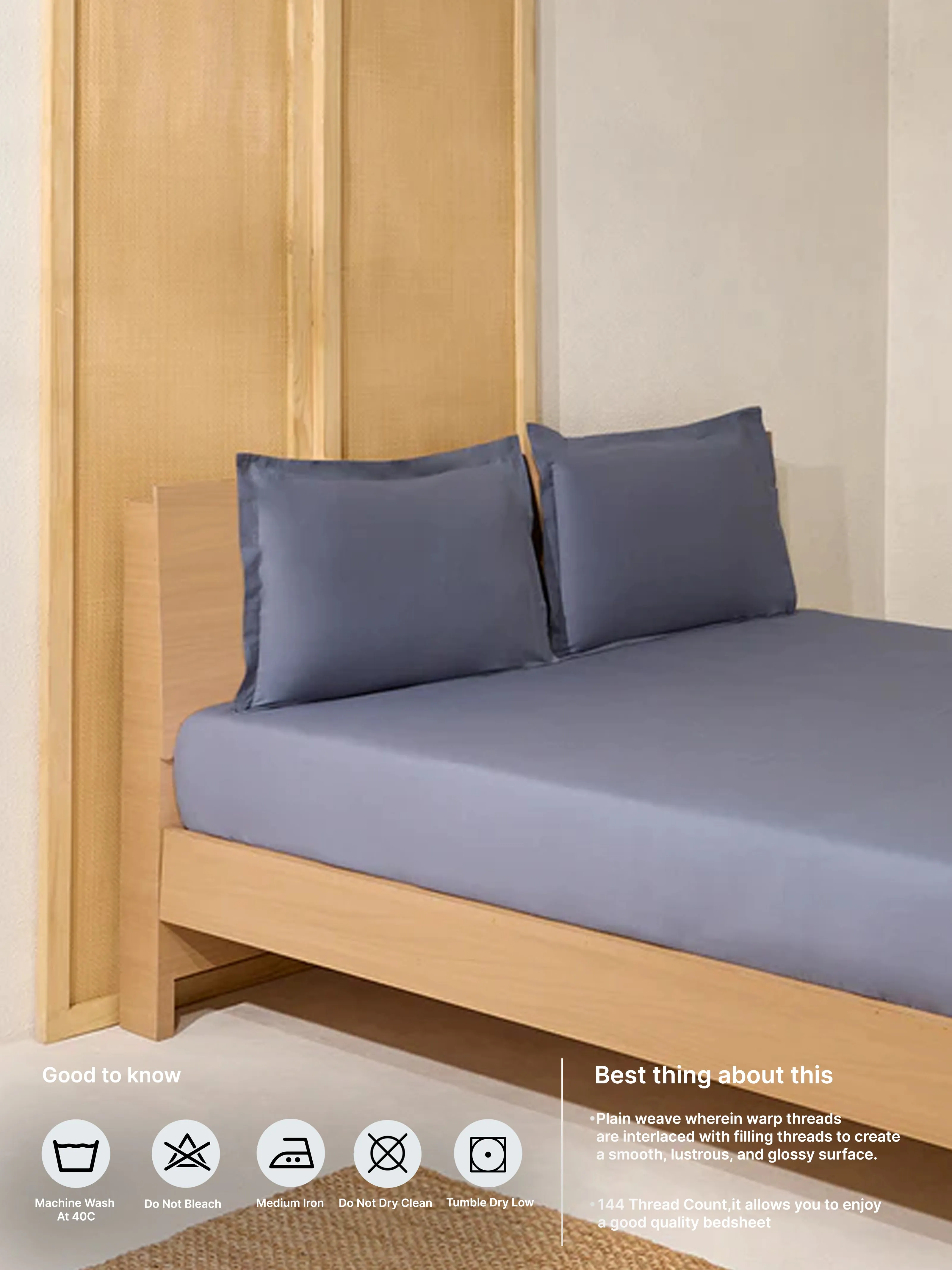 Westside Home Dark Grey Solid Queen Bed Fitted Sheet and Pillowcase Set