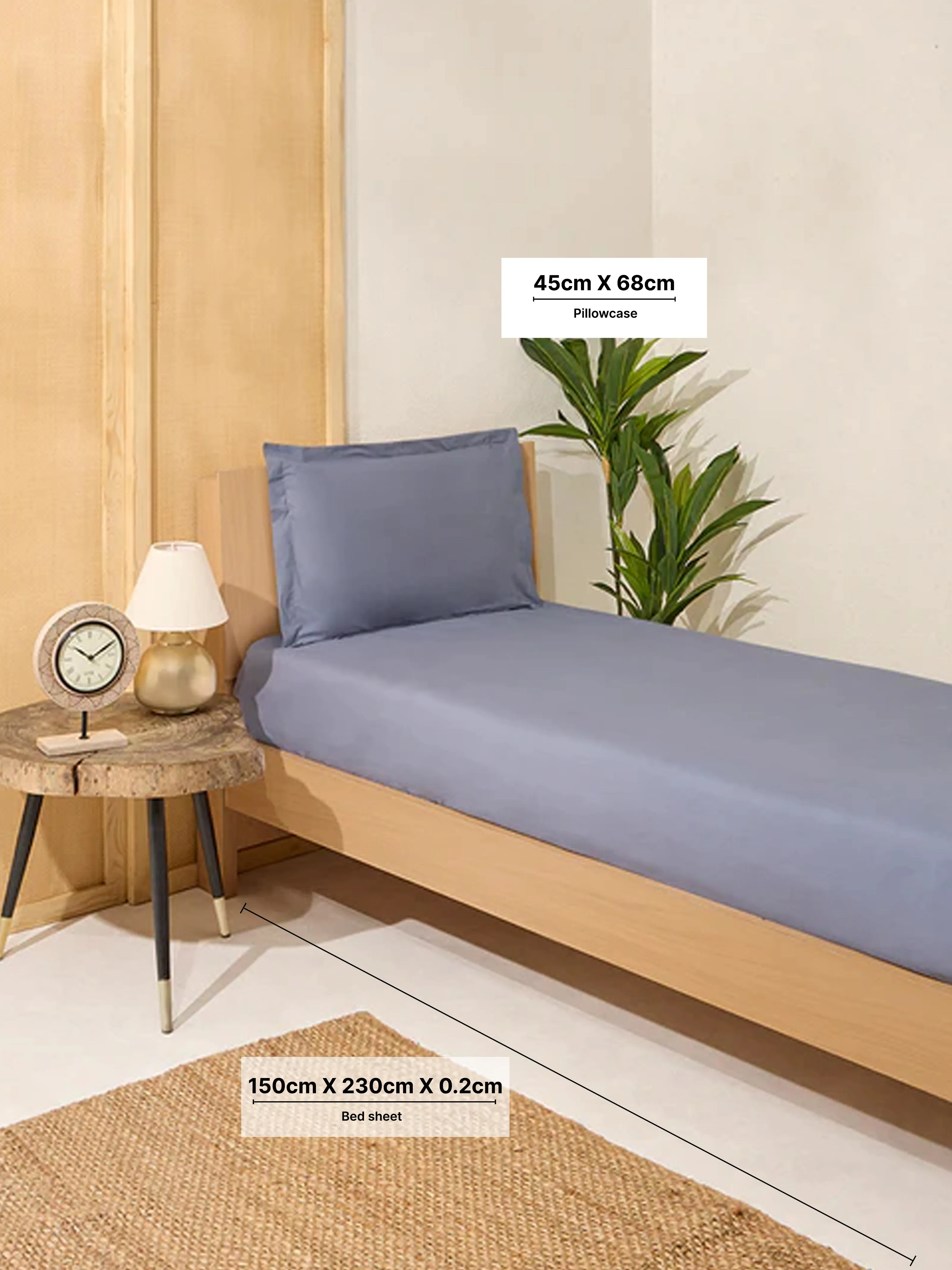 Westside Home Dark Grey Solid Single Bed Flat Sheet and Pillowcase Set