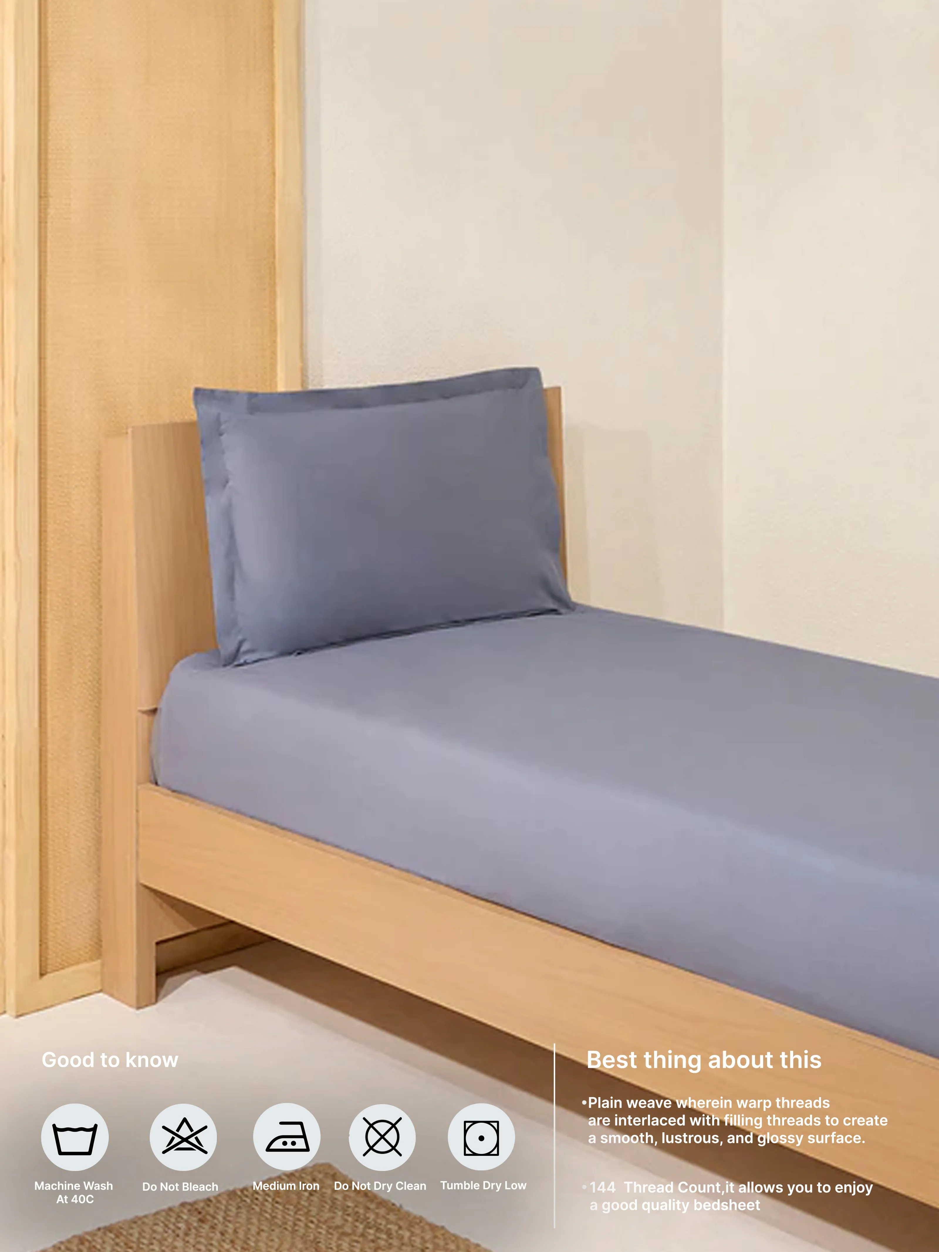 Westside Home Dark Grey Solid Single Bed Flat Sheet and Pillowcase Set