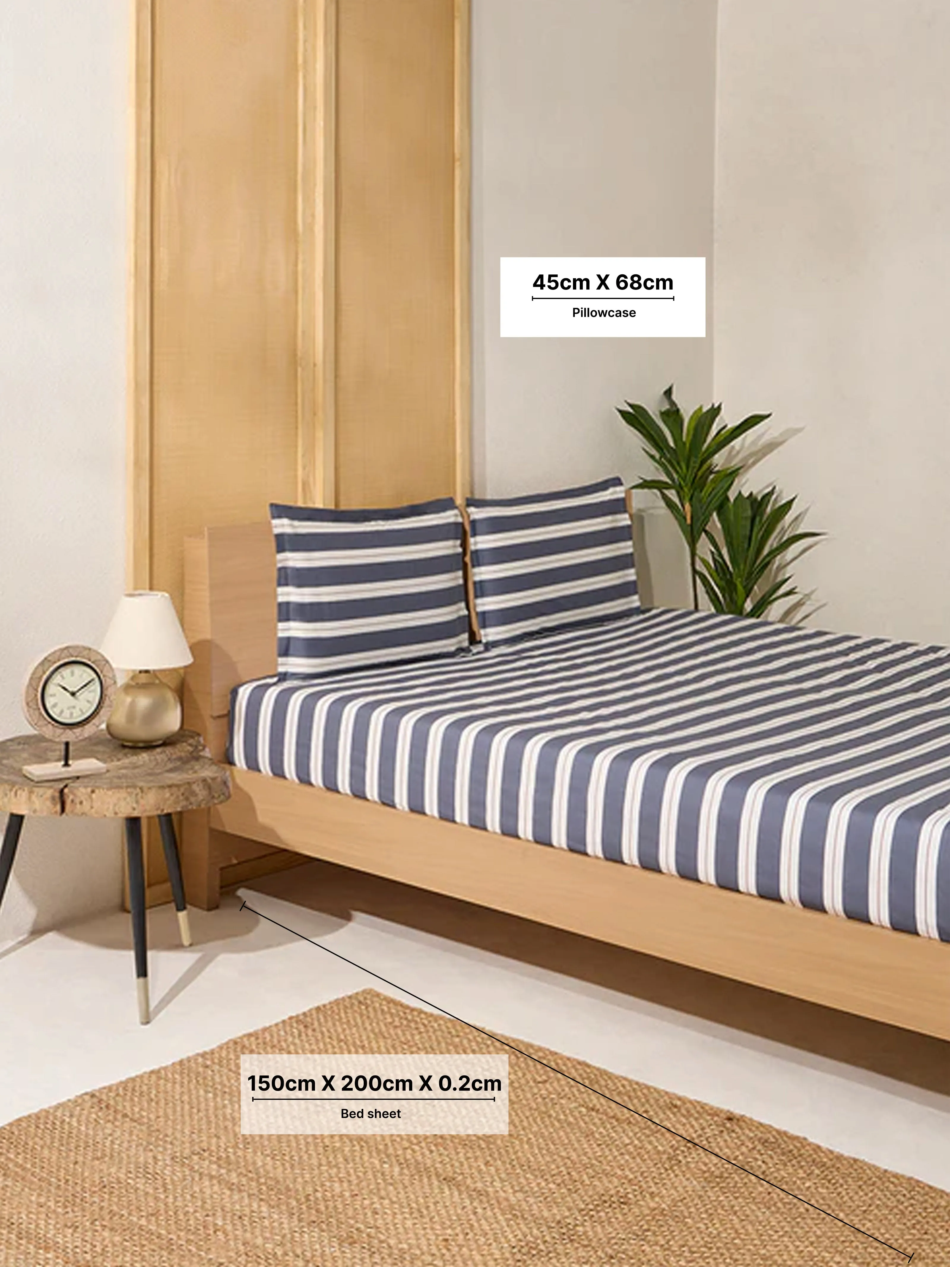 Westside Home Dark Grey Stripe Queen Bed Fitted Sheet and Pillowcase Set