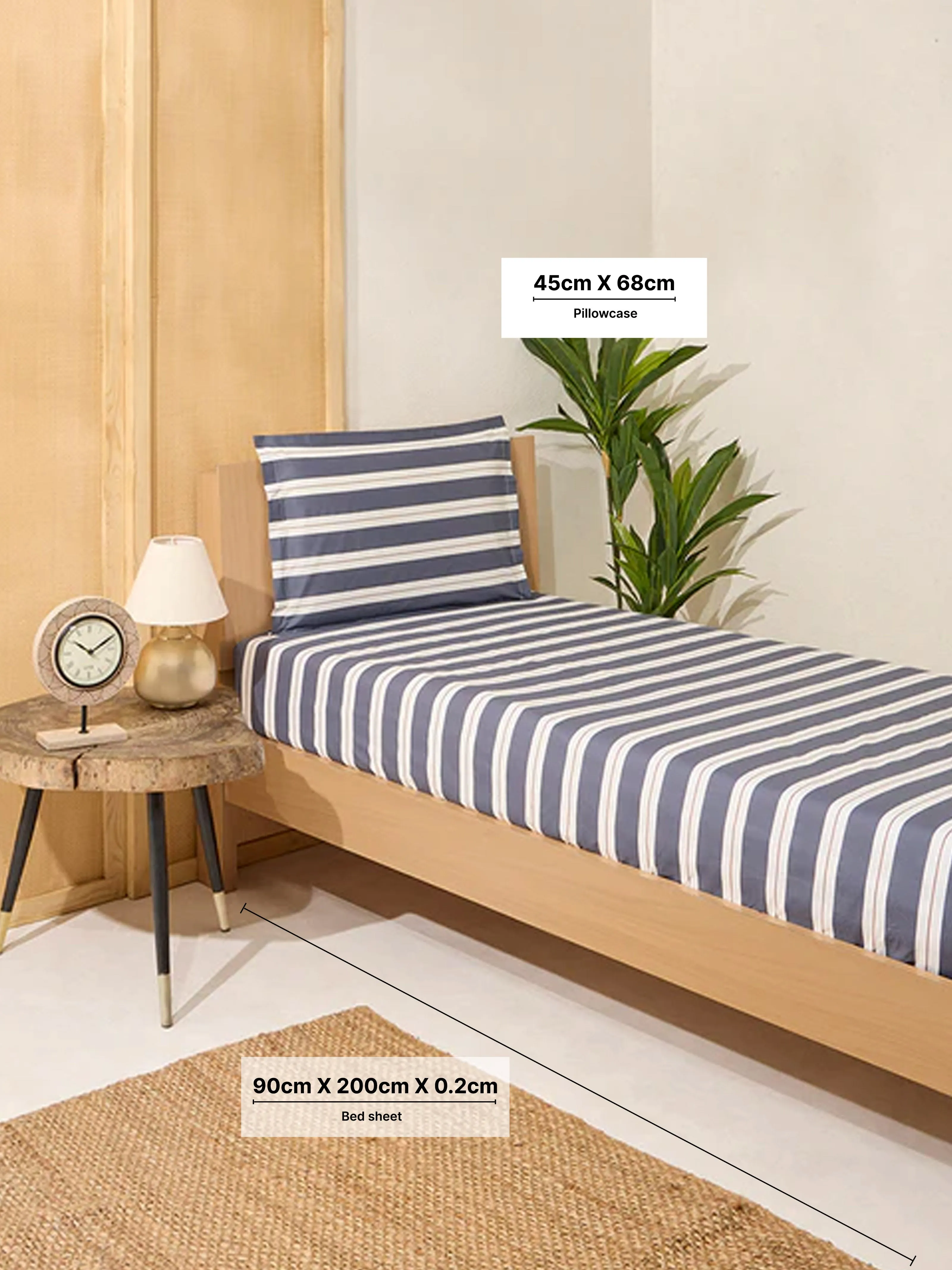 Westside Home Dark Grey Stripe Single Bed Fitted Sheet and Pillowcase Set
