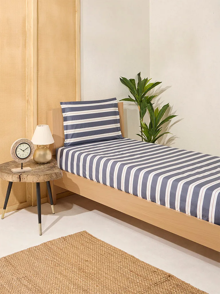 Westside Home Dark Grey Stripe Single Bed Fitted Sheet and Pillowcase Set