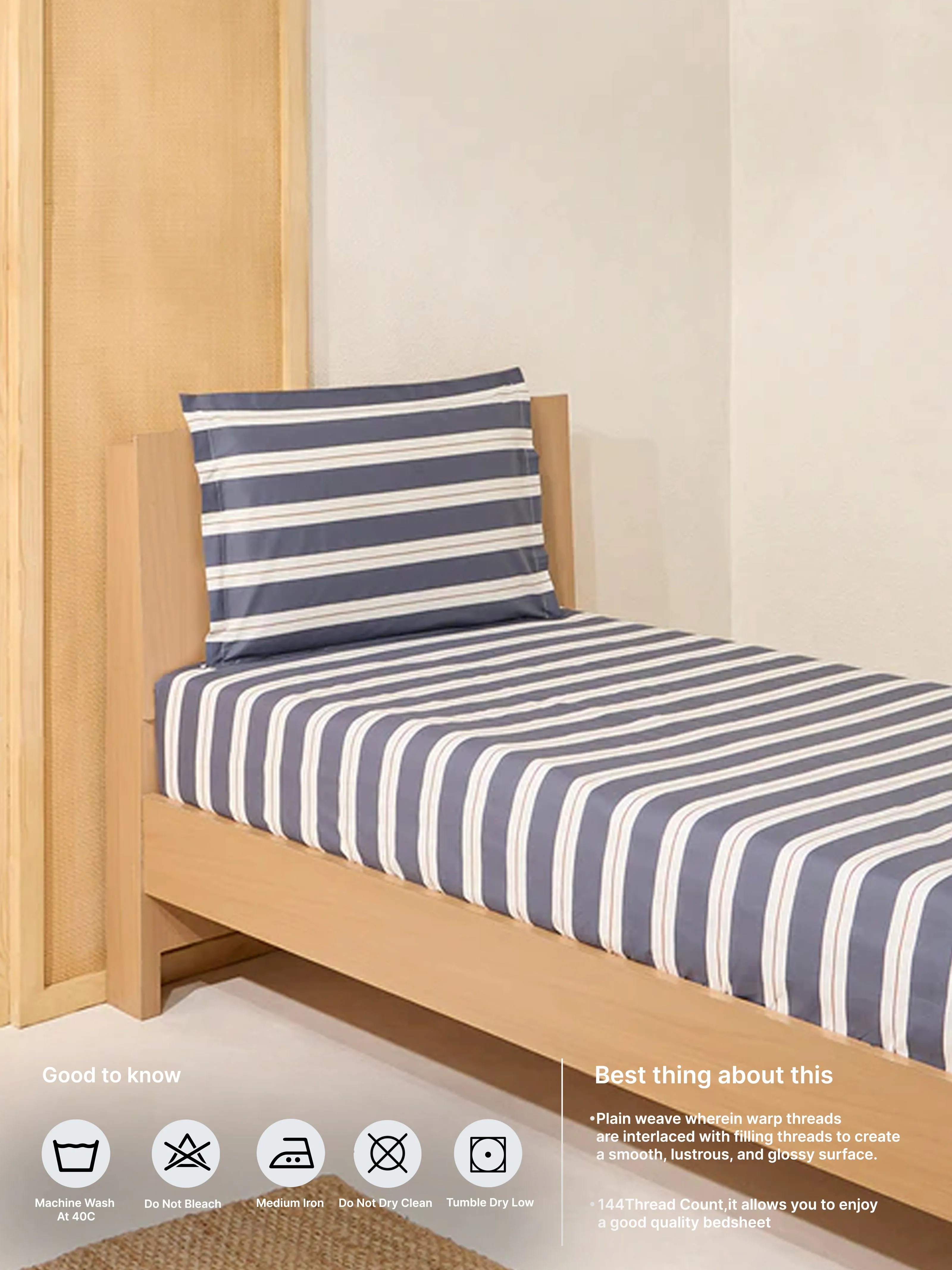 Westside Home Dark Grey Stripe Single Bed Fitted Sheet and Pillowcase Set