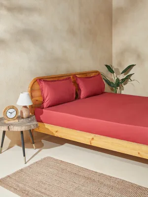 Westside Home Dark Red Solid Queen Bed Fitted Sheet and Pillowcase Set