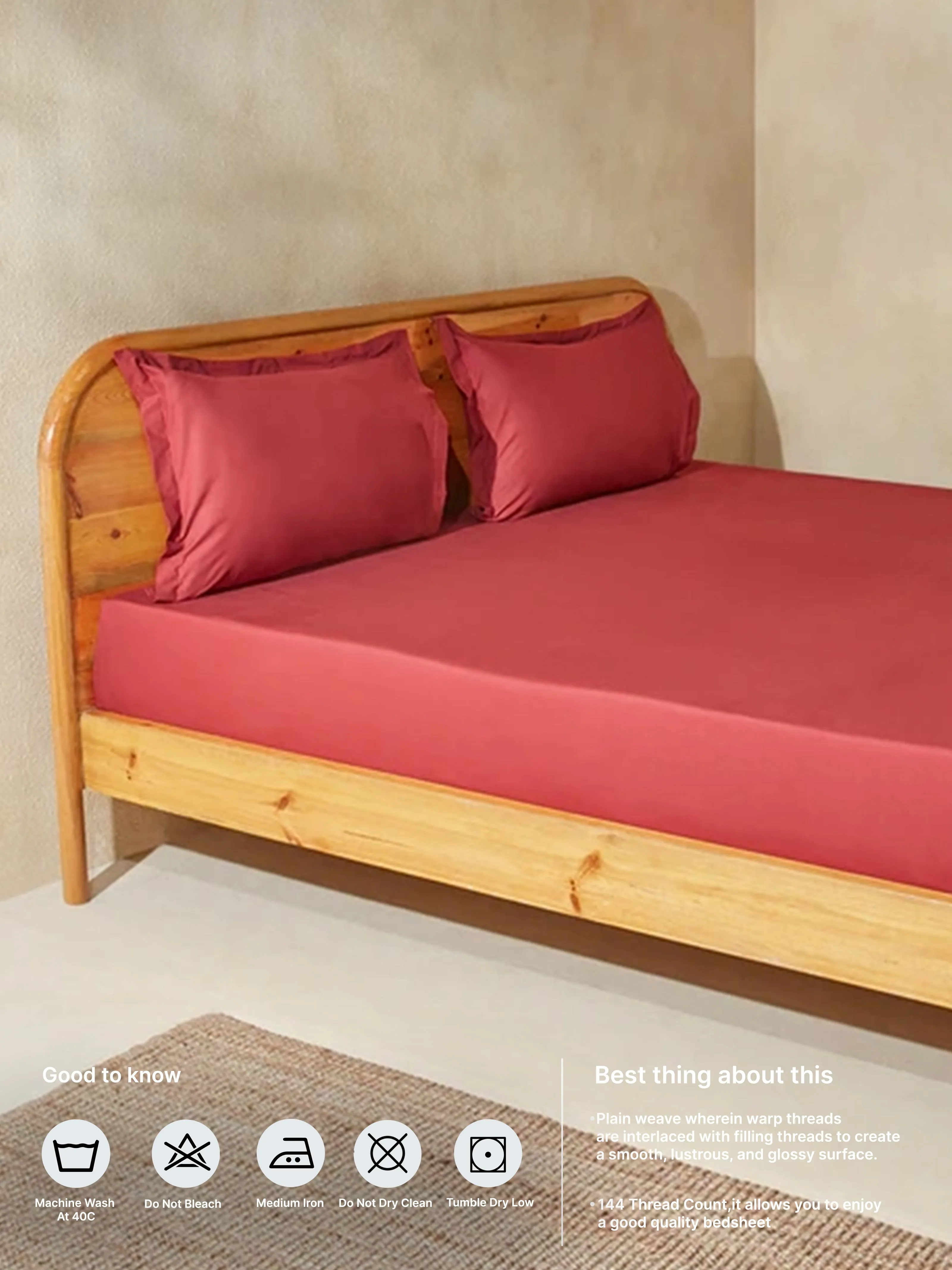Westside Home Dark Red Solid Queen Bed Fitted Sheet and Pillowcase Set