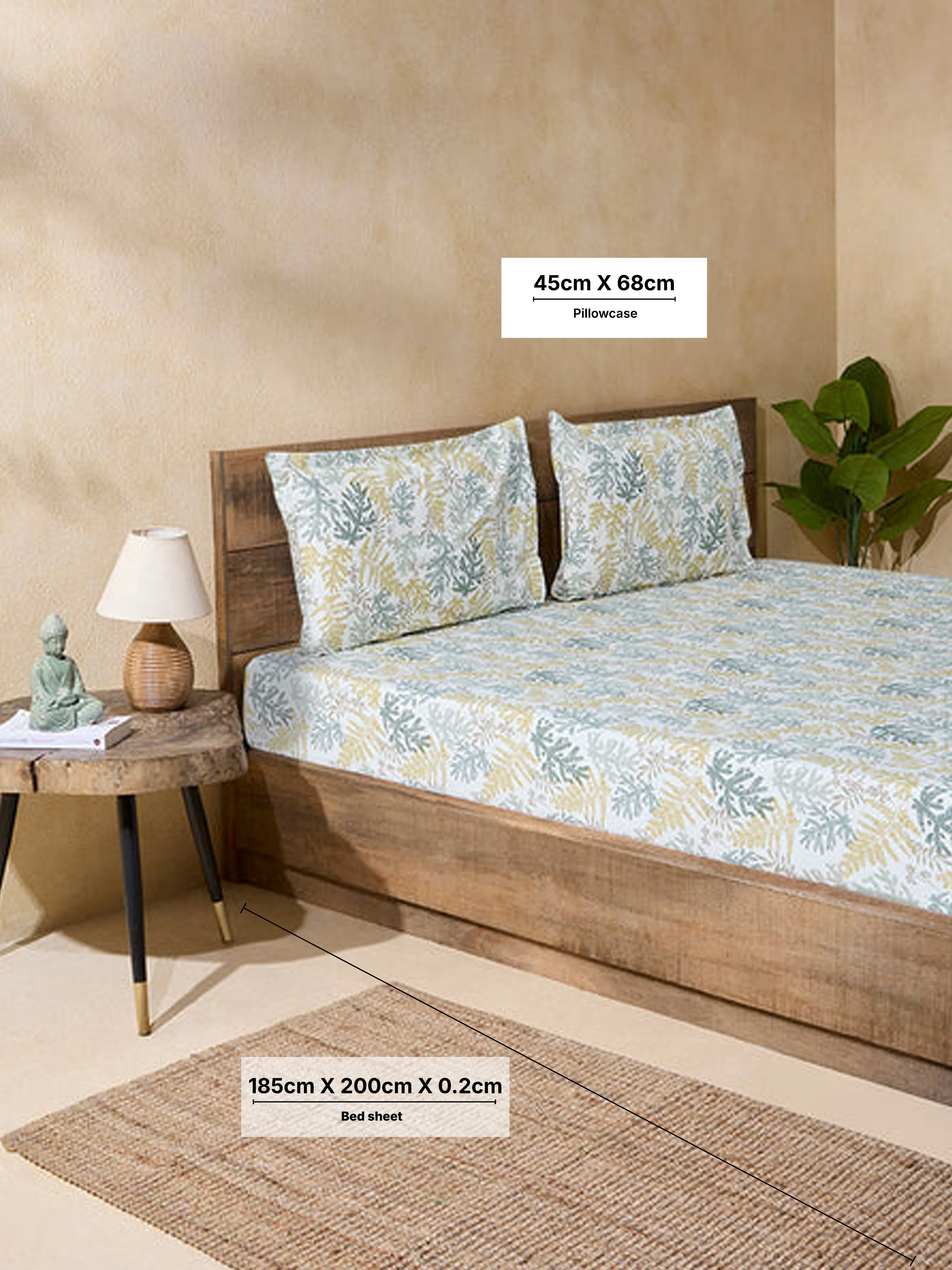 Westside Home Multicolour Foliage Pattern Queen Bed Fitted Sheet and Pillowcase Set