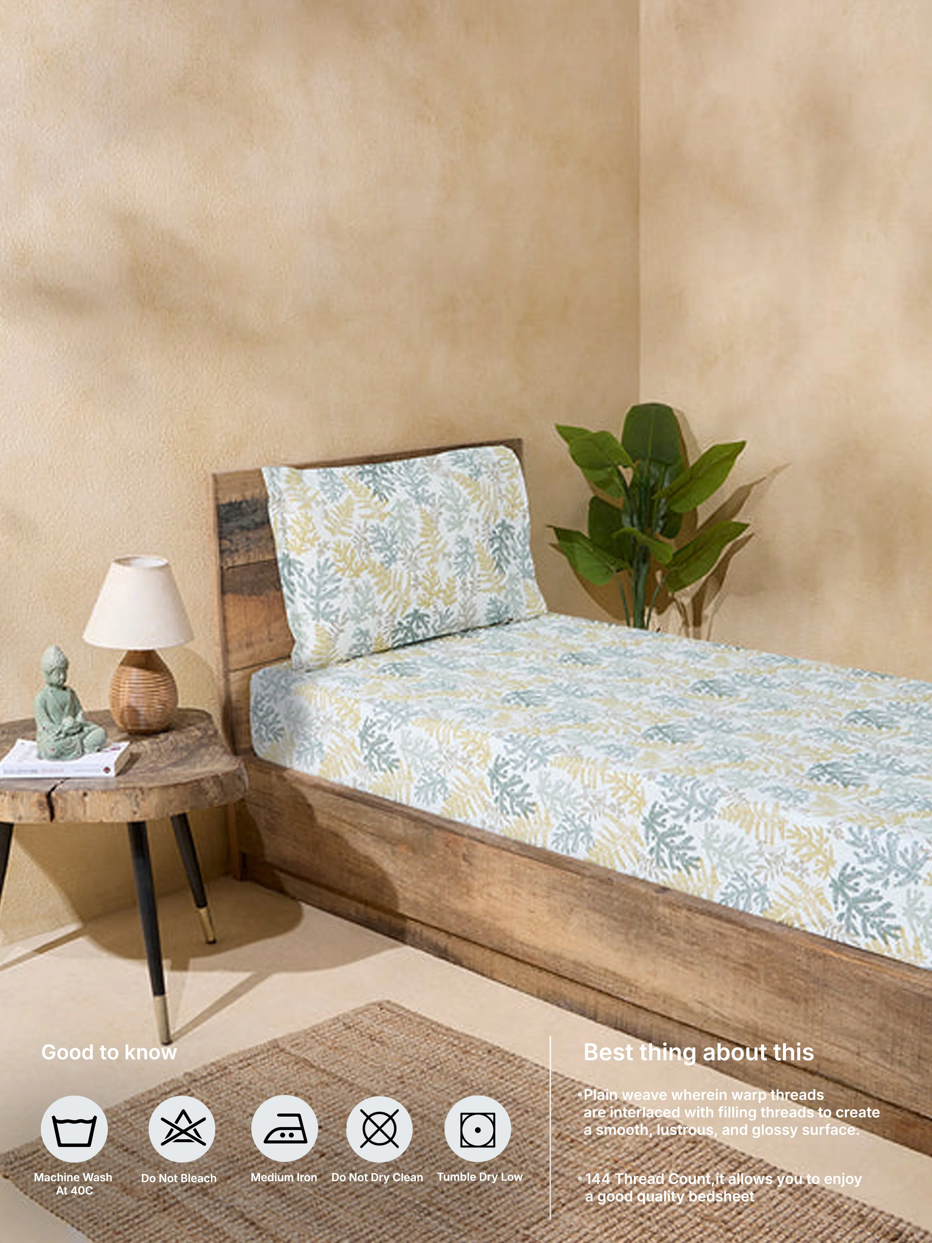 Westside Home Multicolour Foliage Pattern Single Bed Fitted Sheet and Pillowcase Set
