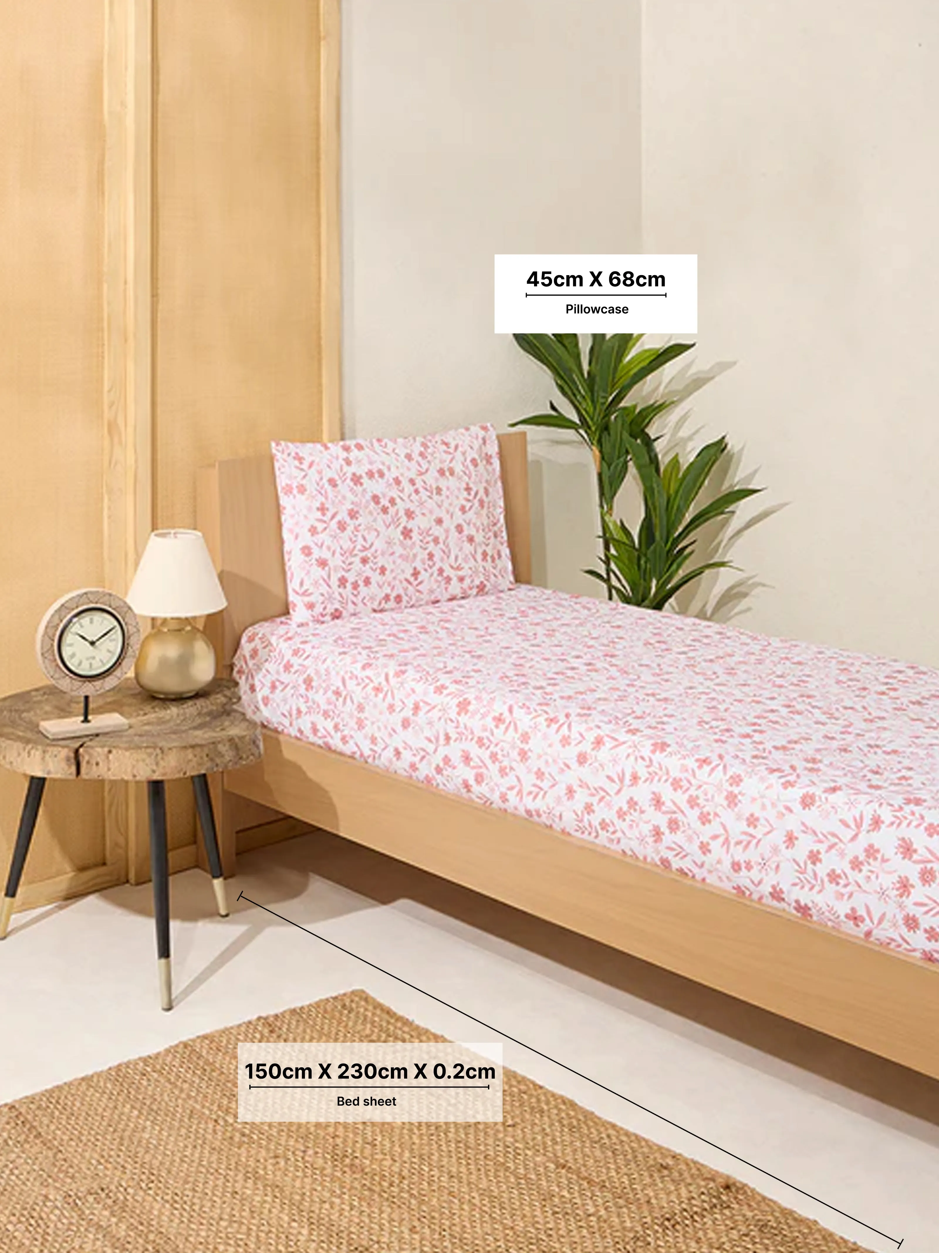 Westside Home Pink Floral Pattern Single Bed Flat Sheet and Pillowcase Set