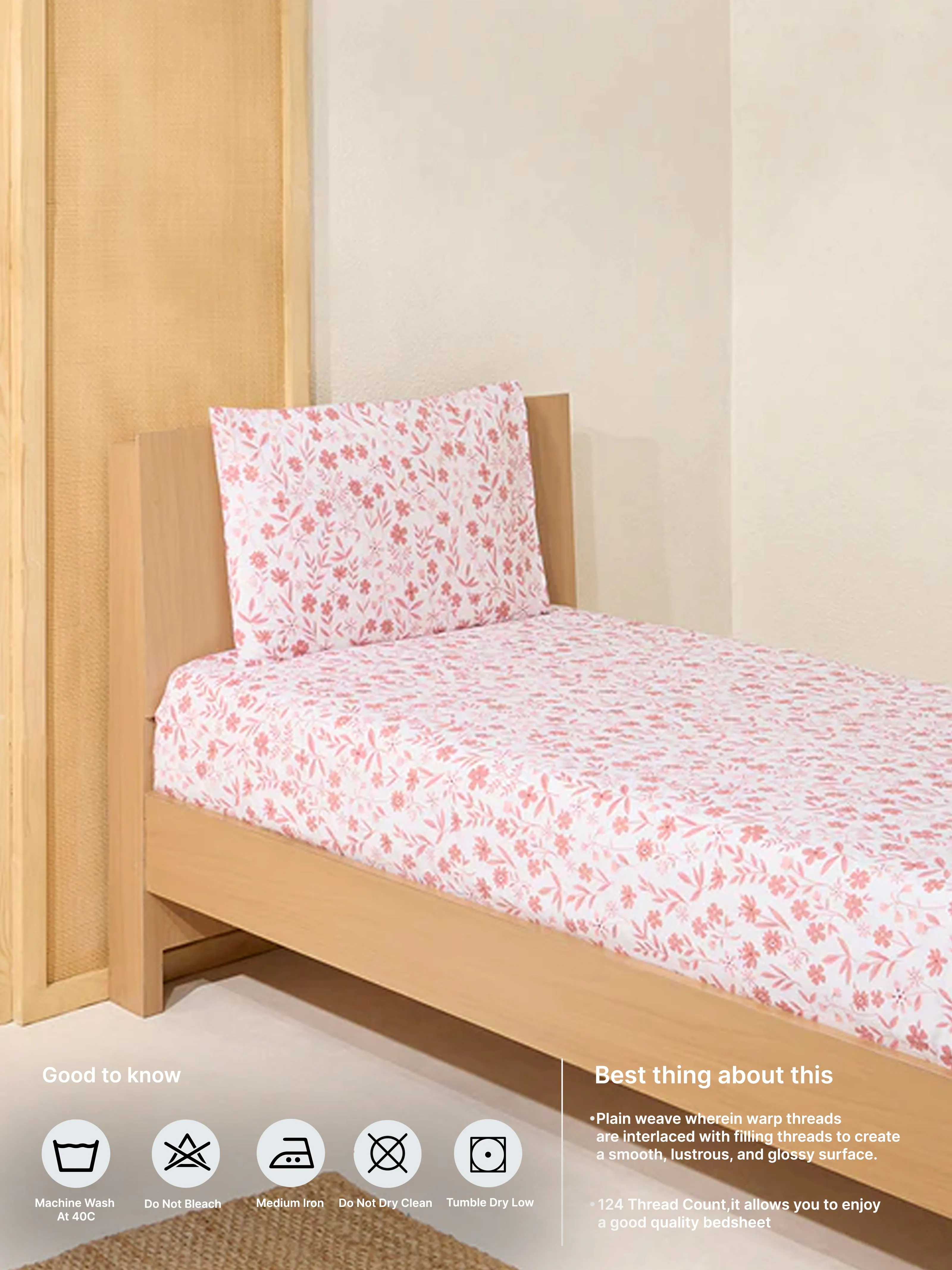 Westside Home Pink Floral Pattern Single Bed Flat Sheet and Pillowcase Set