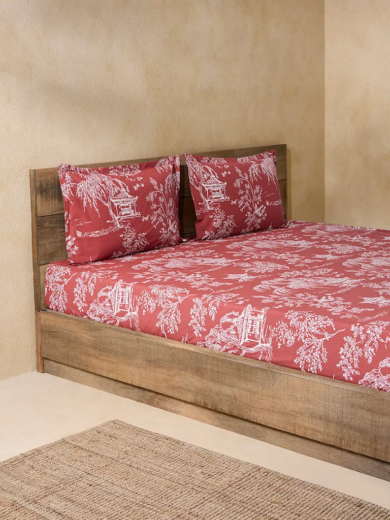 Westside Home Rust Printed Queen Bed Fitted Sheet and Pillowcase Set