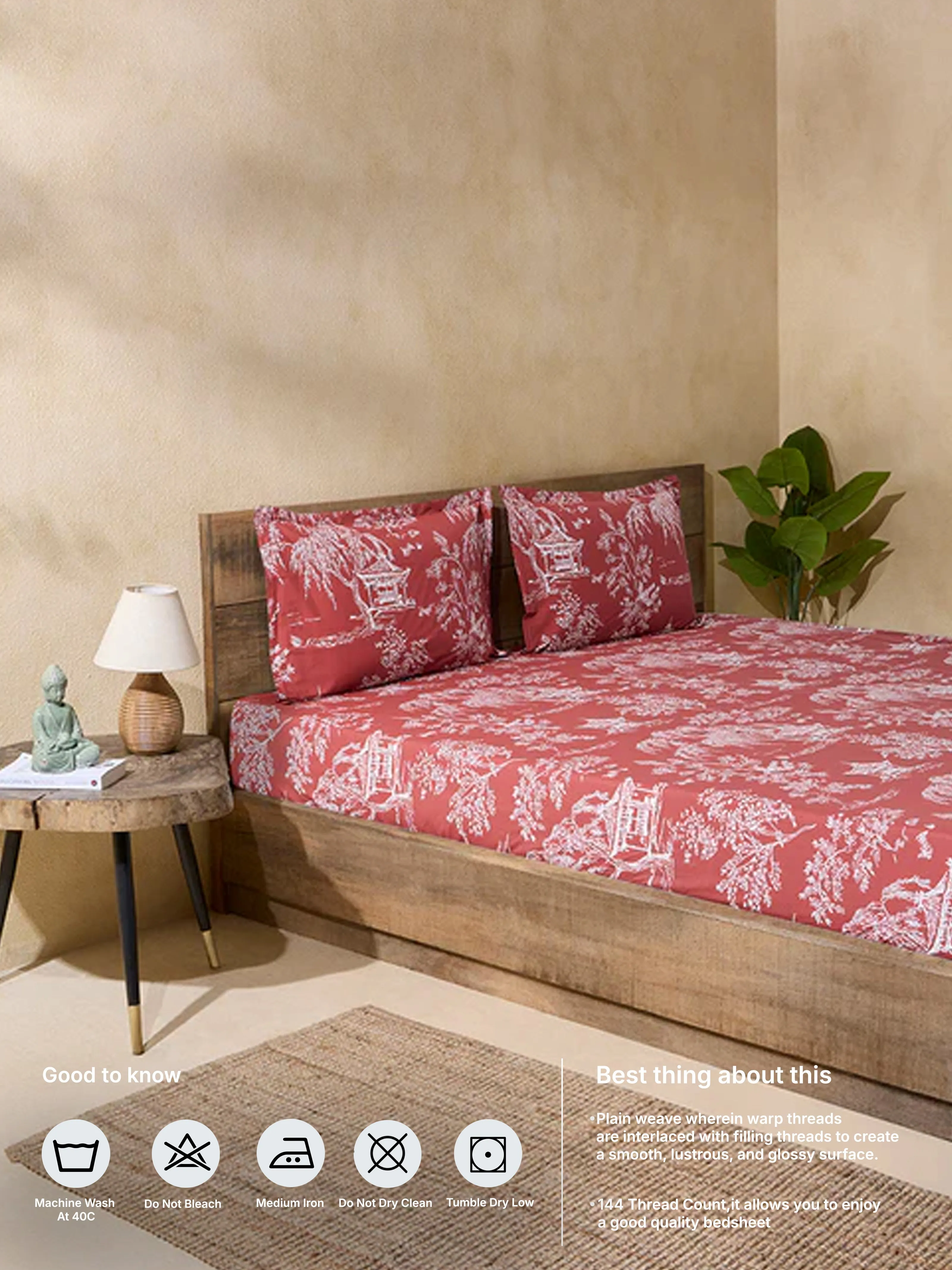 Westside Home Rust Printed Queen Bed Fitted Sheet and Pillowcase Set