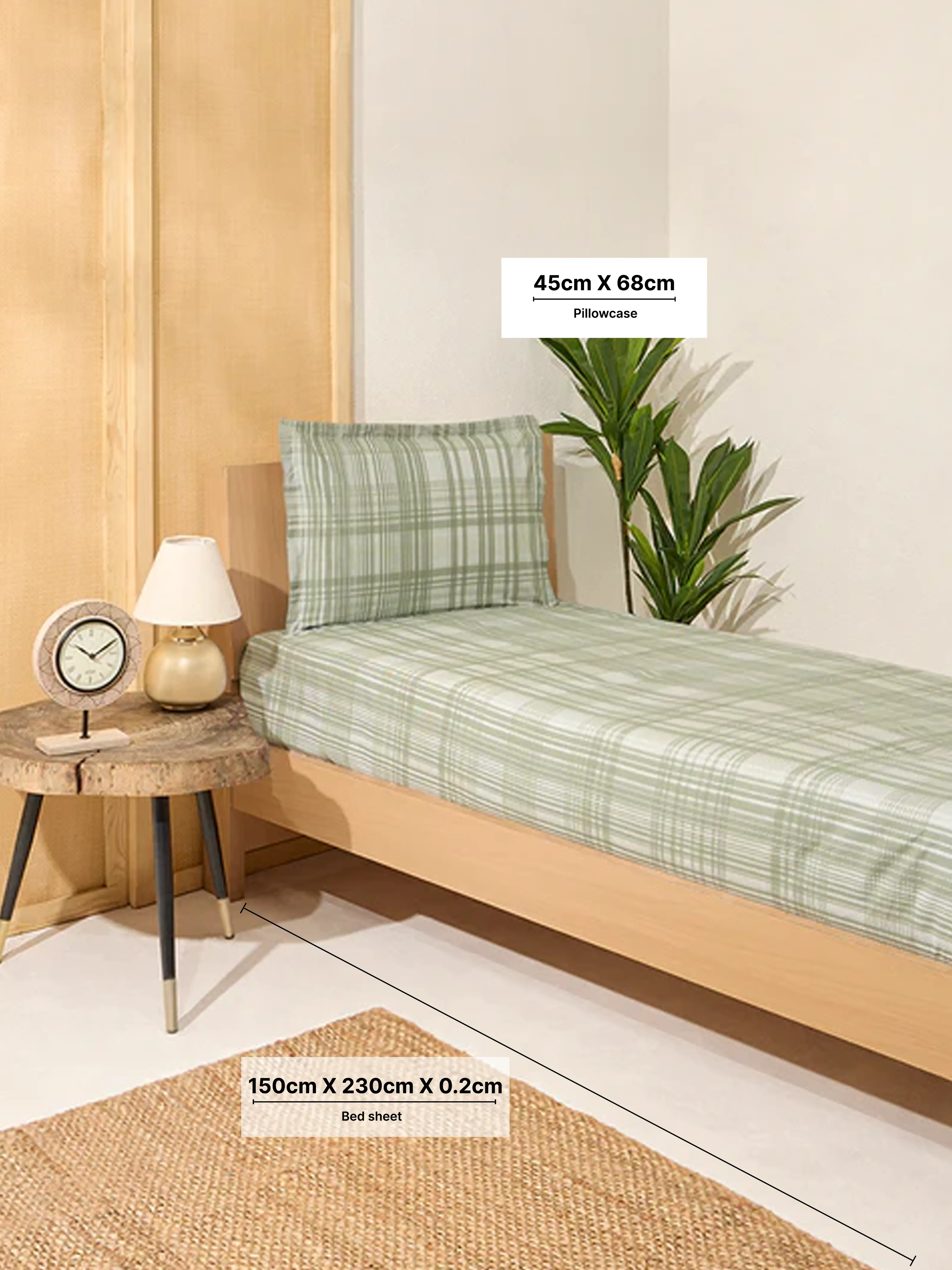 Westside Home Sage Checks Design Single Bed Flat Sheet and Pillowcase Set