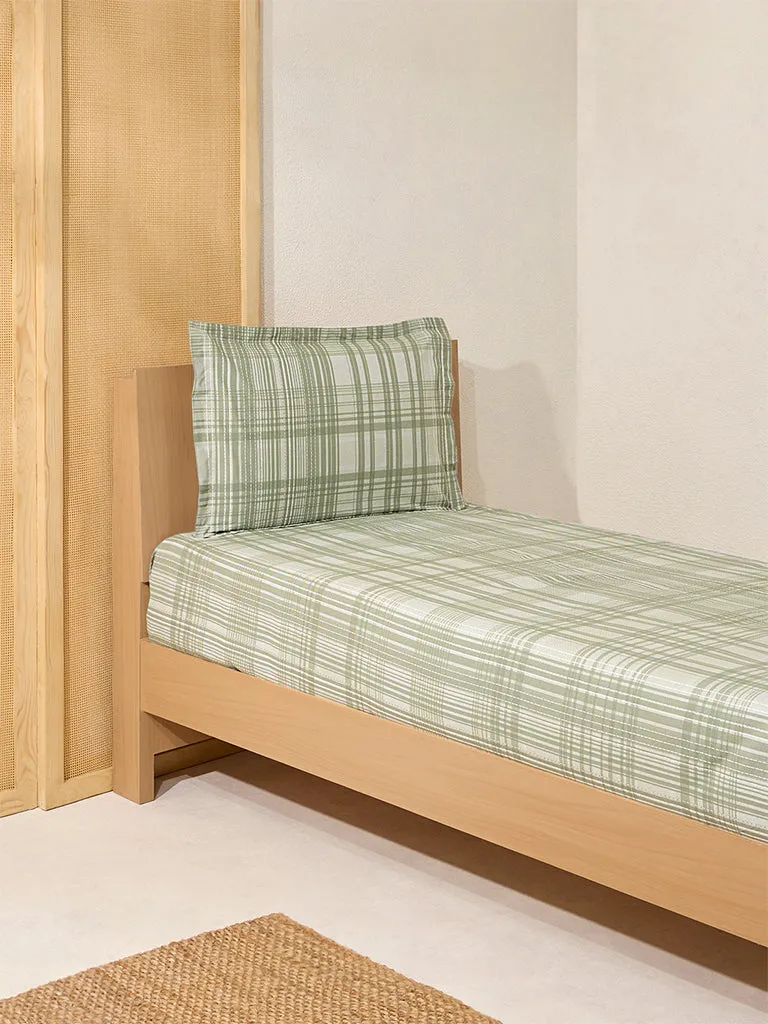 Westside Home Sage Checks Design Single Bed Flat Sheet and Pillowcase Set