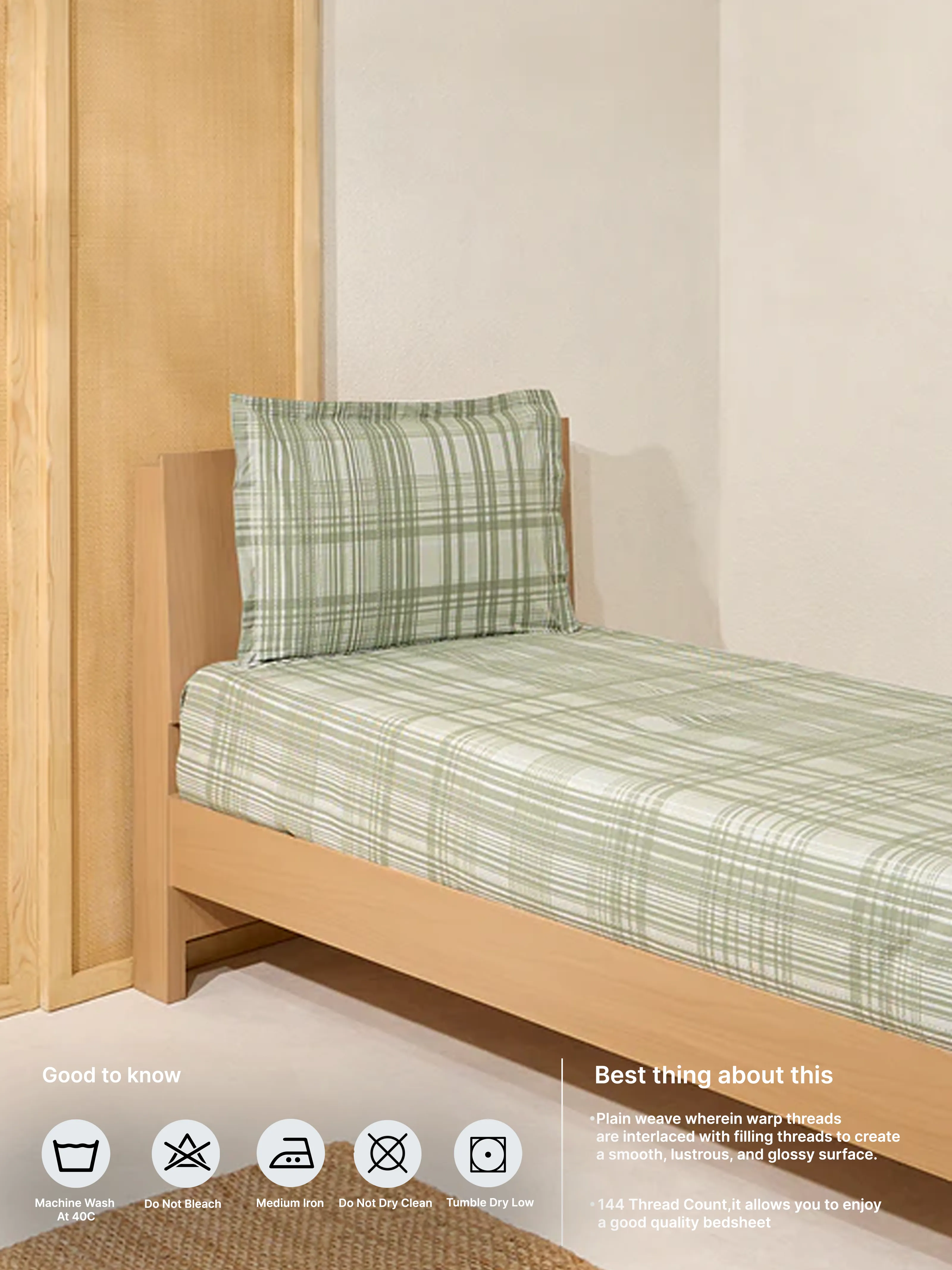 Westside Home Sage Checks Design Single Bed Flat Sheet and Pillowcase Set