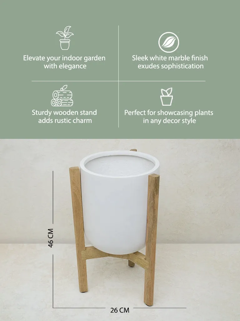 Westside Home White Marble Planter on Wooden Stand