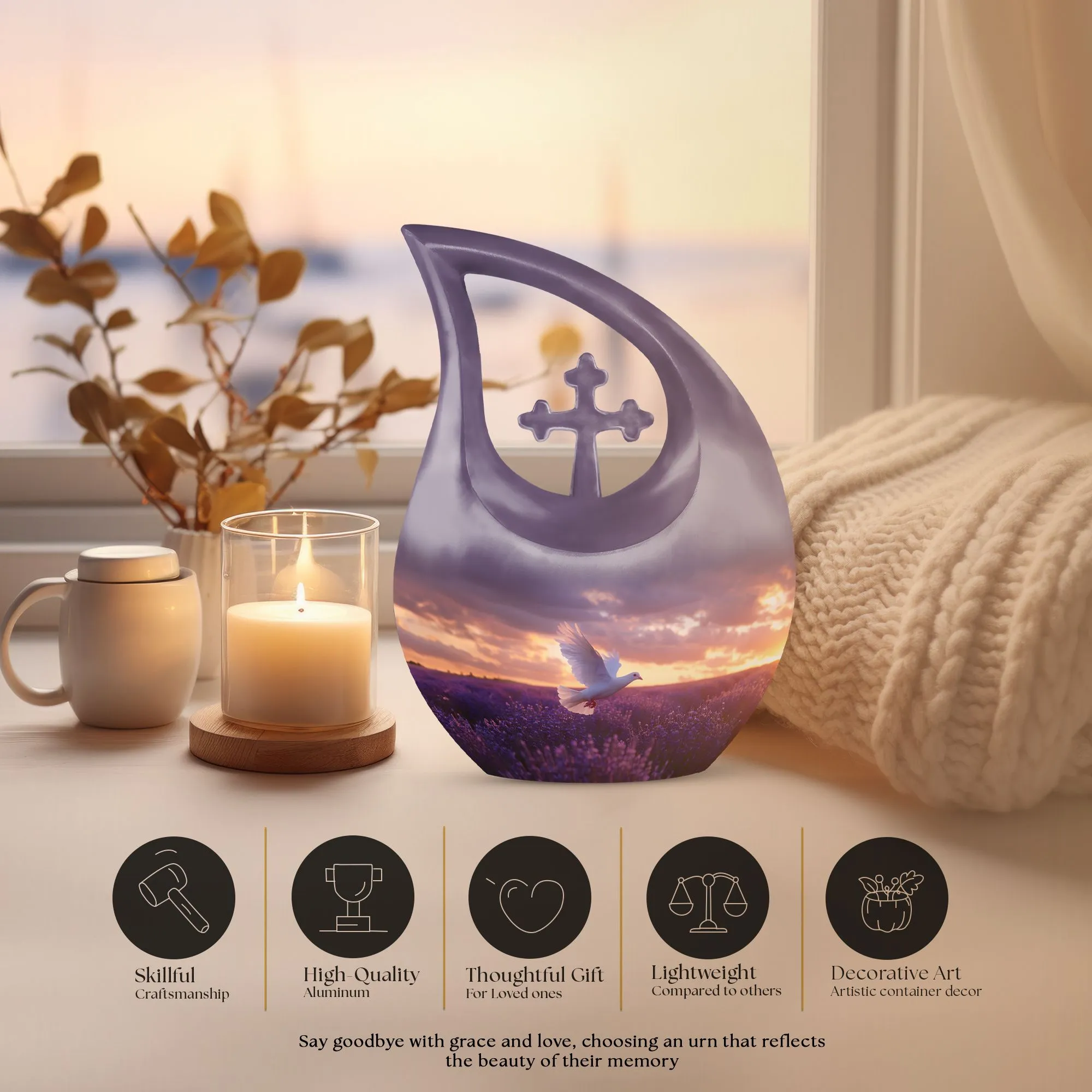White Dove On Purple Large Cremation Urn - A Peaceful Rest