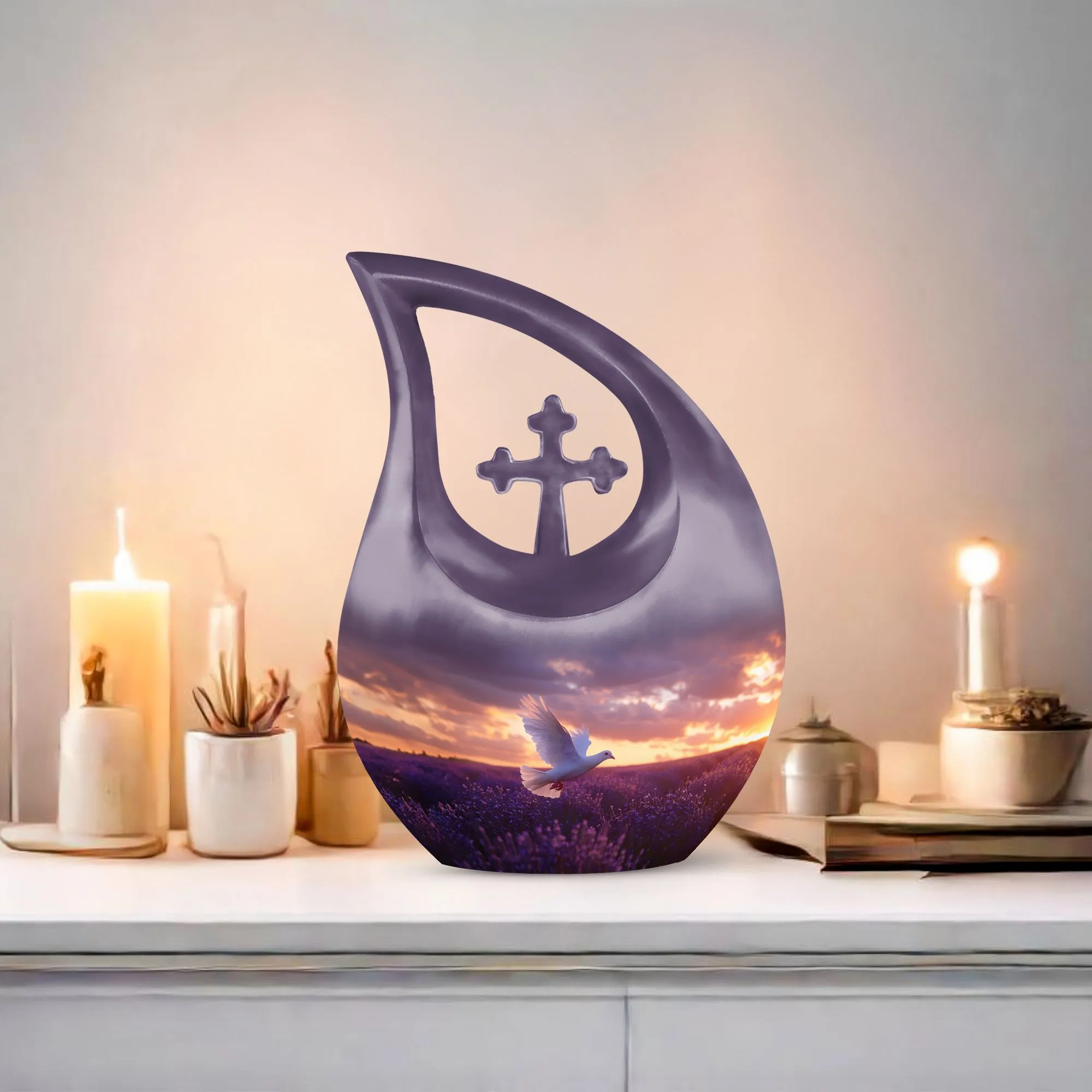 White Dove On Purple Large Cremation Urn - A Peaceful Rest