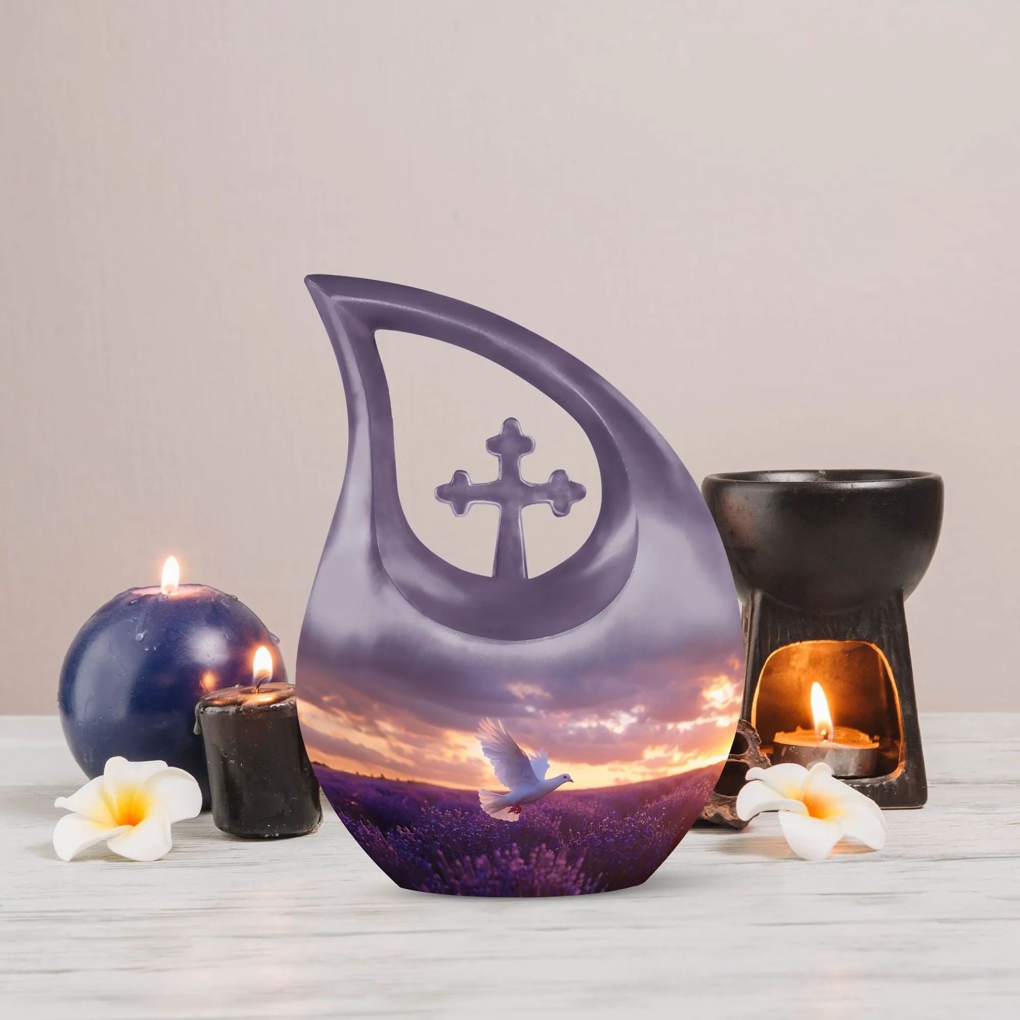White Dove On Purple Large Cremation Urn - A Peaceful Rest
