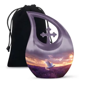 White Dove On Purple Large Cremation Urn - A Peaceful Rest