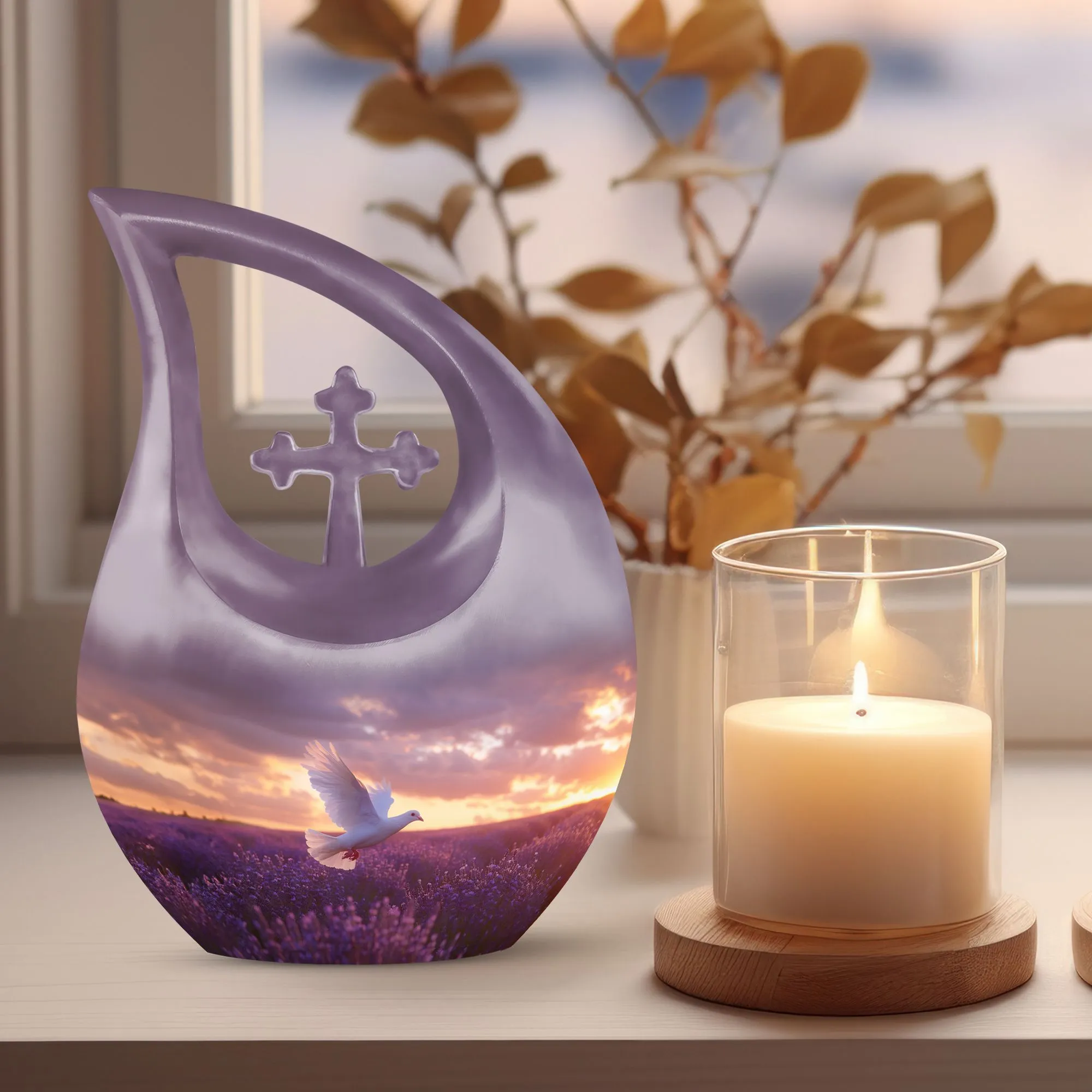 White Dove On Purple Large Cremation Urn - A Peaceful Rest