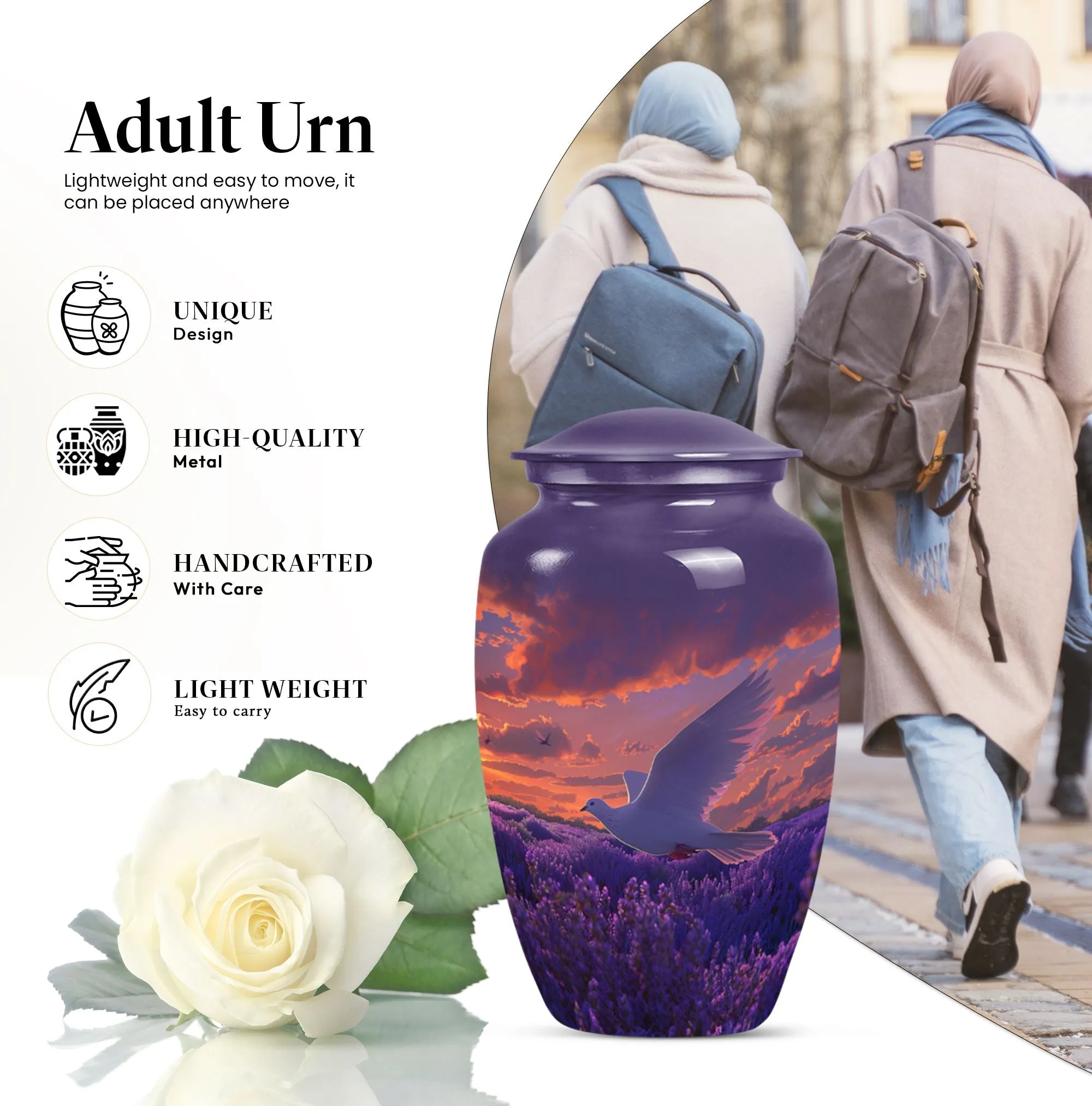 White Dove on Purple Themed Cremation Urn For Human Ashes