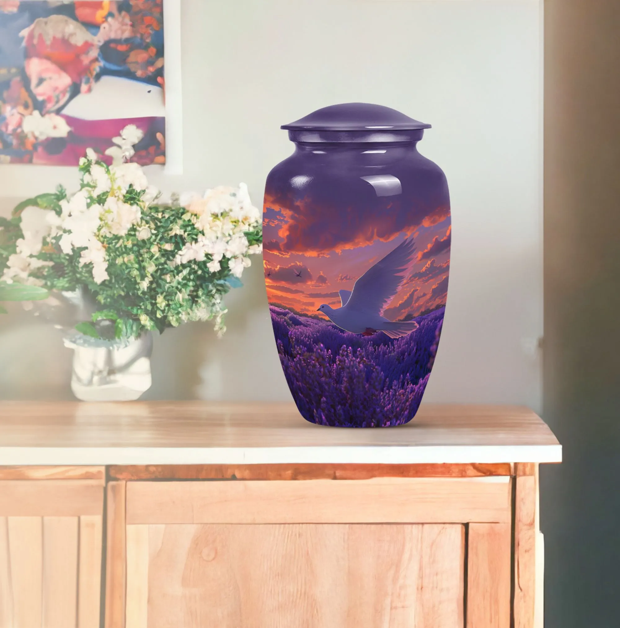 White Dove on Purple Themed Cremation Urn For Human Ashes
