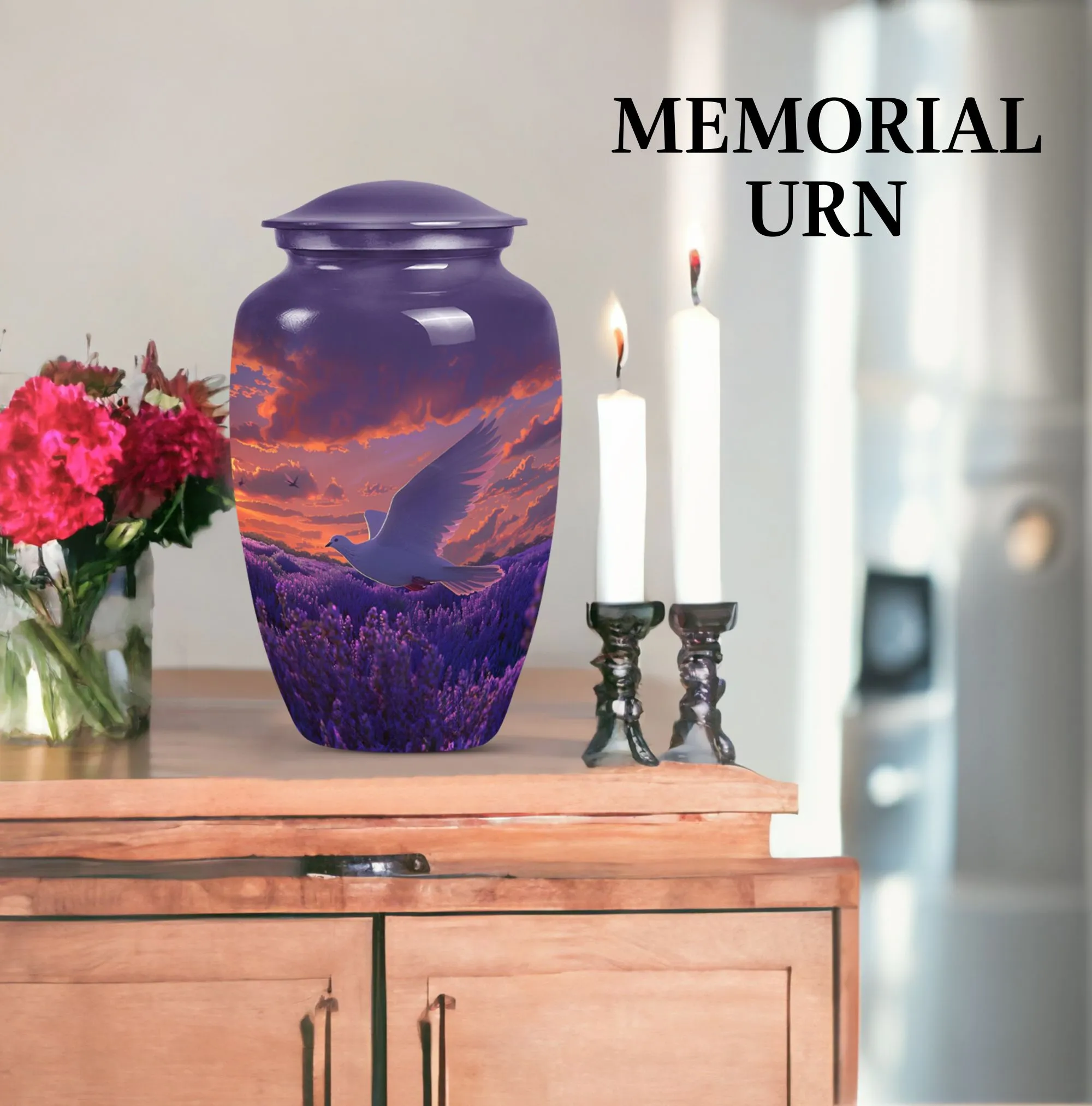 White Dove on Purple Themed Cremation Urn For Human Ashes