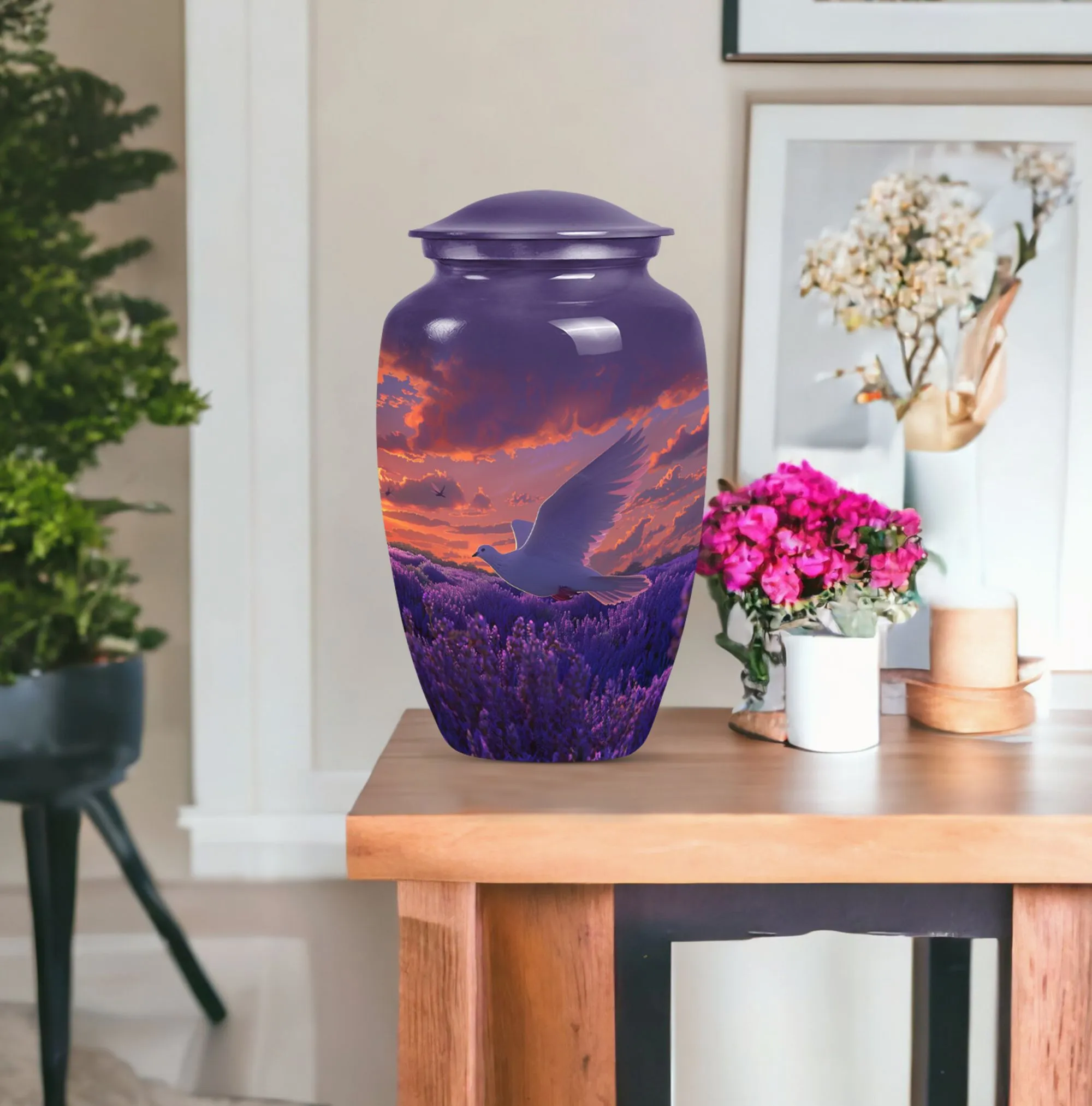 White Dove on Purple Themed Cremation Urn For Human Ashes