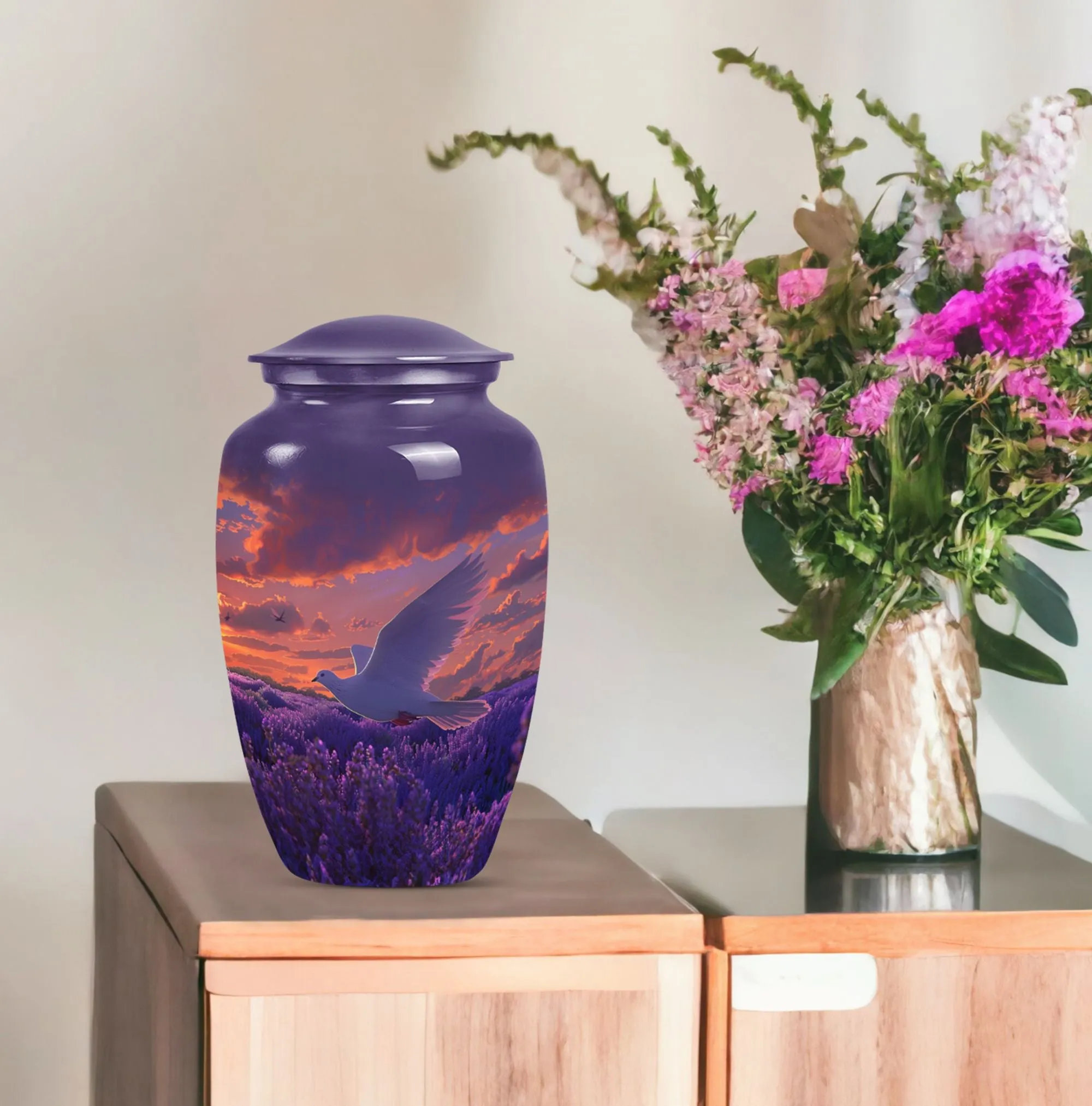 White Dove on Purple Themed Cremation Urn For Human Ashes