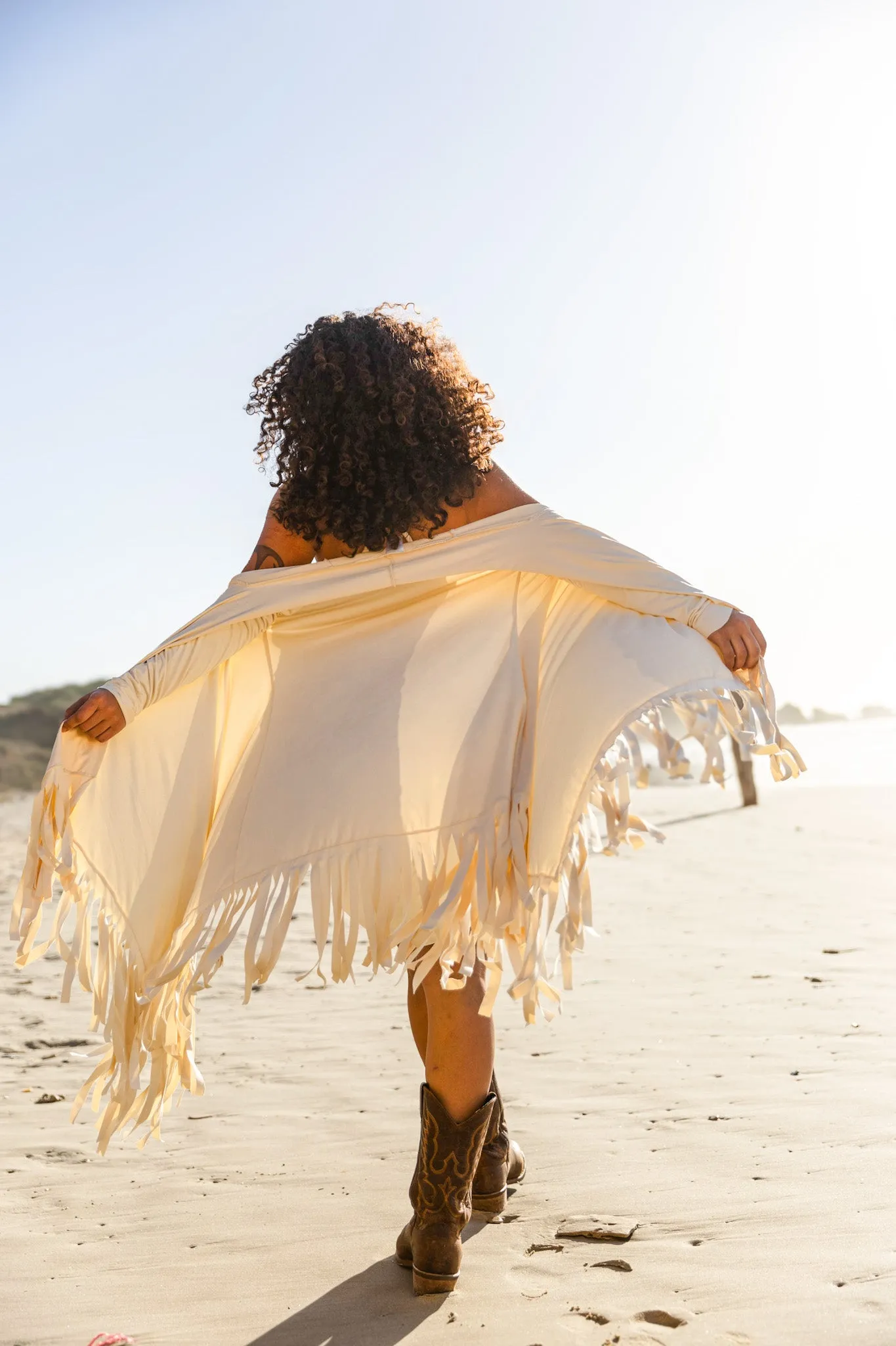 Wholesale - Suede Light Beige Cardigan Decorated with Fringe