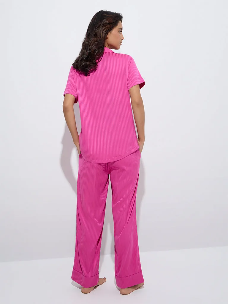 Wunderlove Fuchsia Self-Striped Shirt and Pyjamas Set