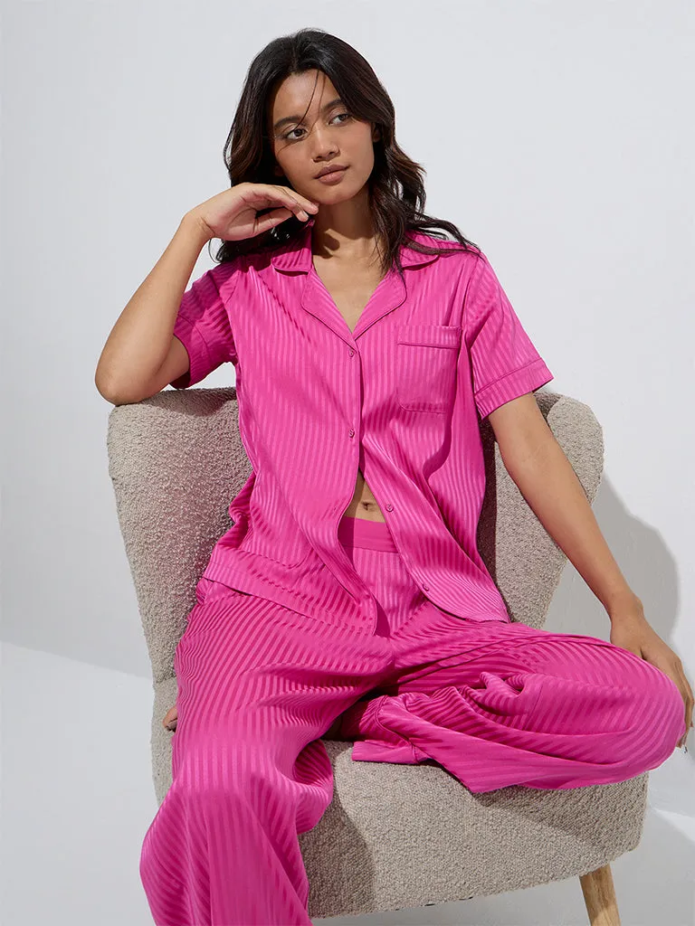 Wunderlove Fuchsia Self-Striped Shirt and Pyjamas Set