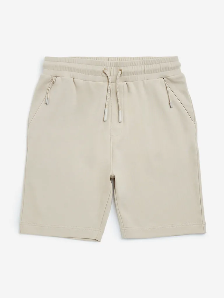 Y&F Kids Beige Relaxed-Fit Mid-Rise Cotton-Blend Shorts