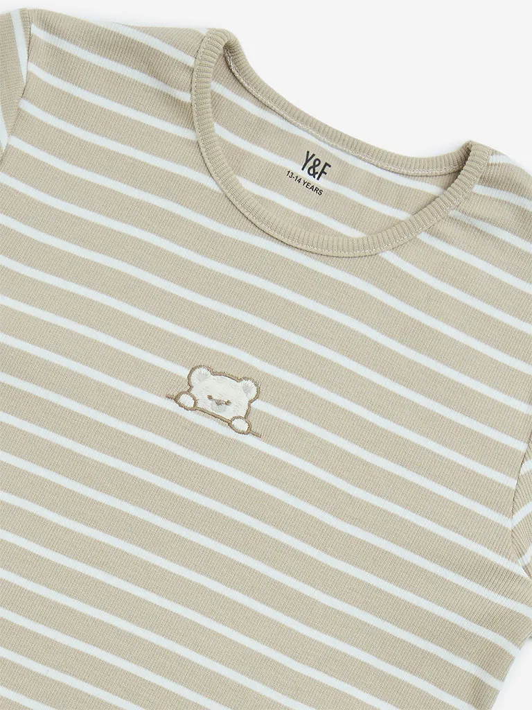 Y&F Kids Beige Stripe Printed Cotton-Blend T-Shirt