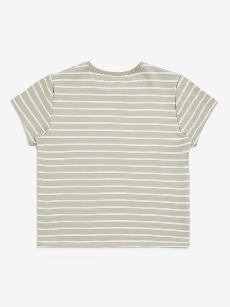 Y&F Kids Beige Stripe Printed Cotton-Blend T-Shirt