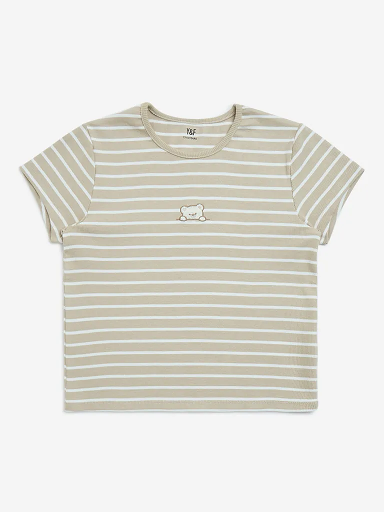 Y&F Kids Beige Stripe Printed Cotton-Blend T-Shirt