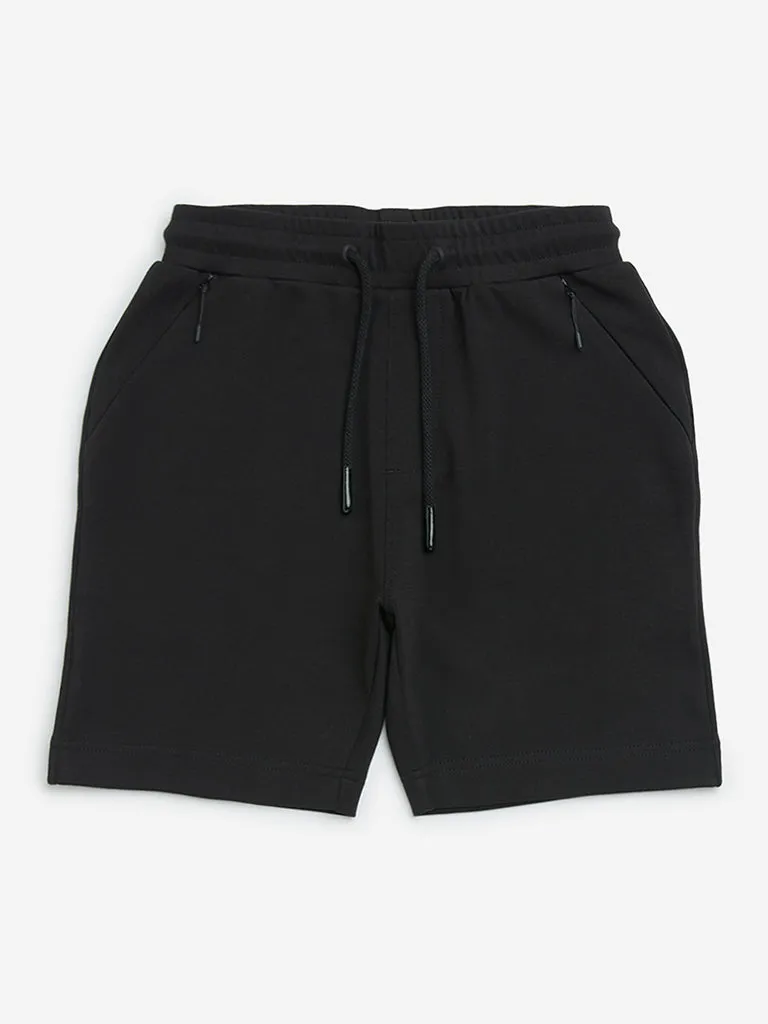 Y&F Kids Black Relaxed-Fit Mid-Rise Cotton-Blend Shorts